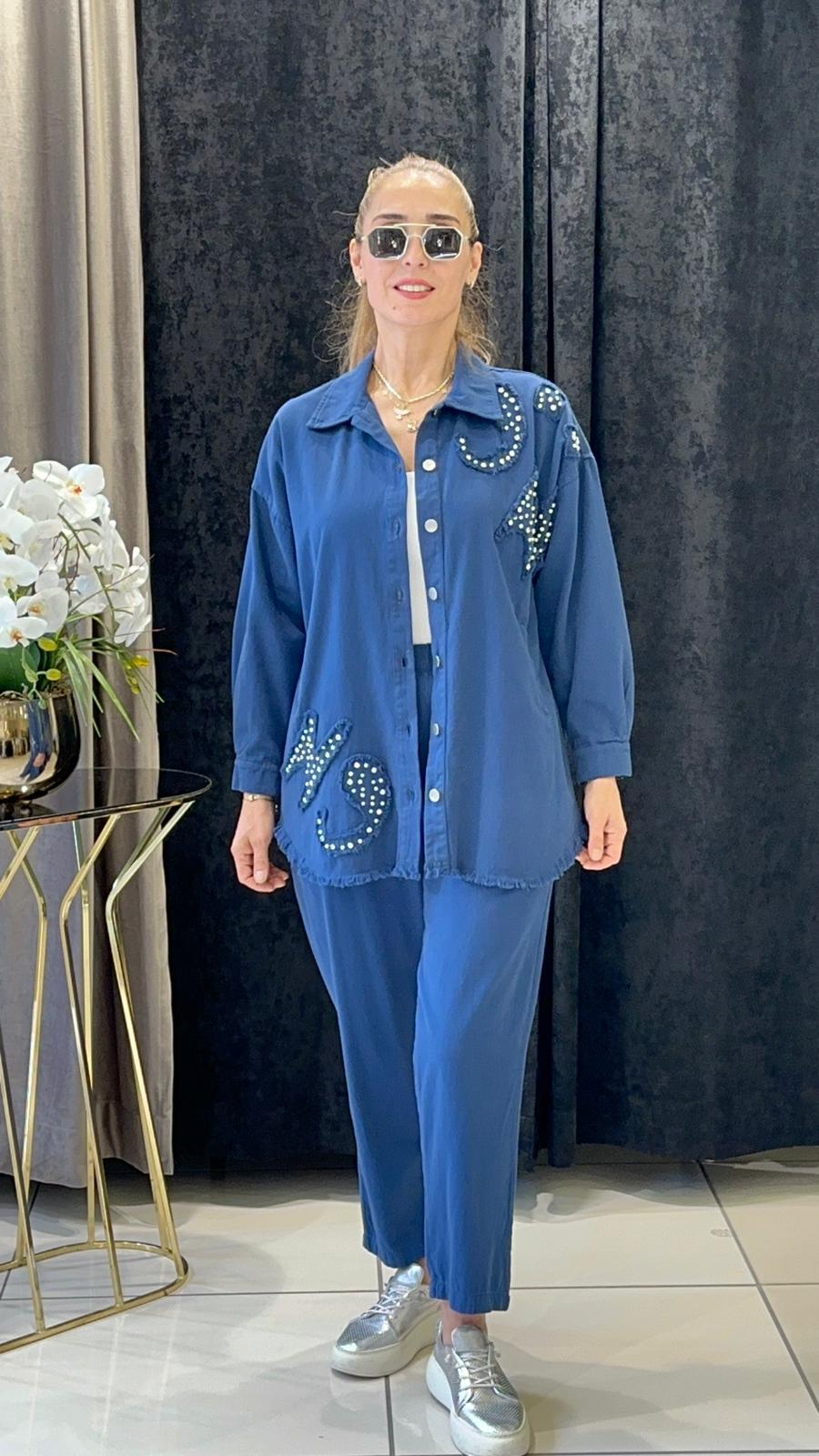 PAMUK GABARDİN TEŞ DETAYLI  PANTOLONLU TAKIM   