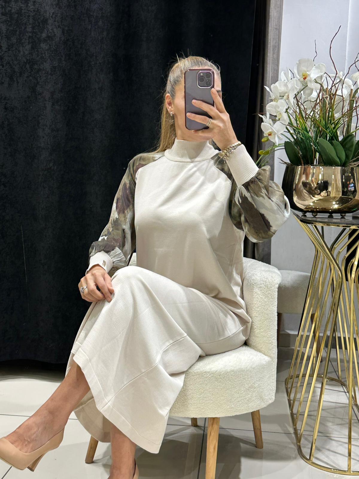 İPEK QUPRA KOL DETAY SOĞUK İPLİK MERSERİZE ELBİSE - TAŞ