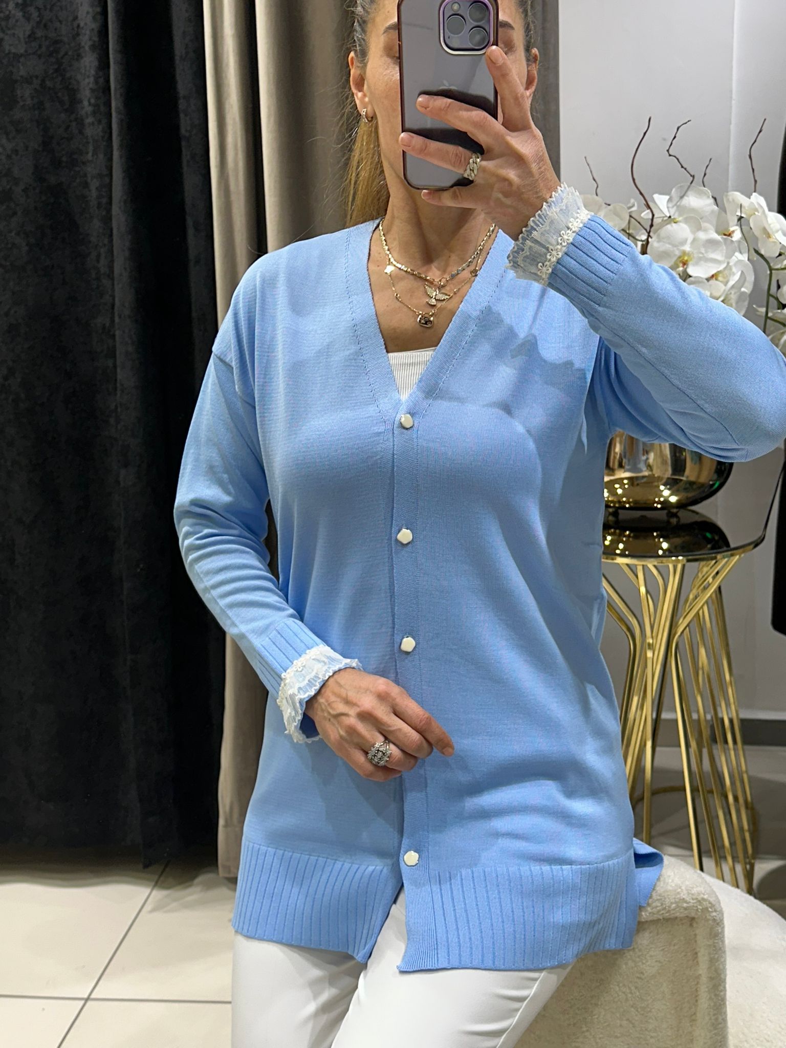 KOLLARI TÜLLÜ SOĞUK İP MESERİZE HIRKA - BEBE MAVİ