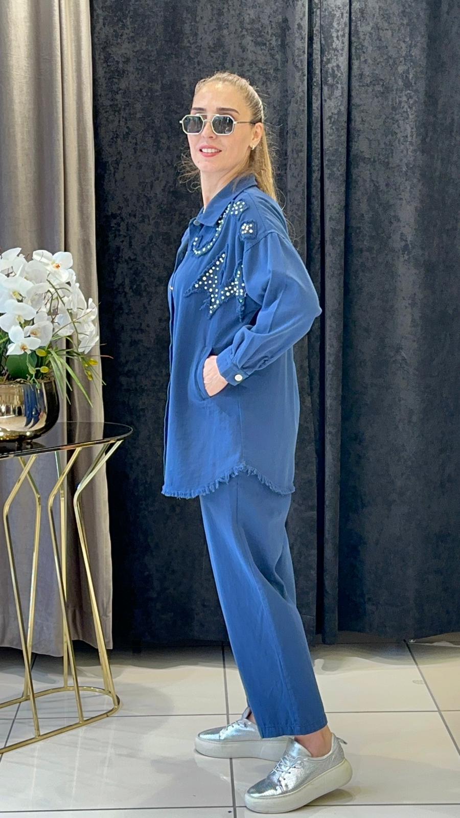 PAMUK GABARDİN TEŞ DETAYLI  PANTOLONLU TAKIM   