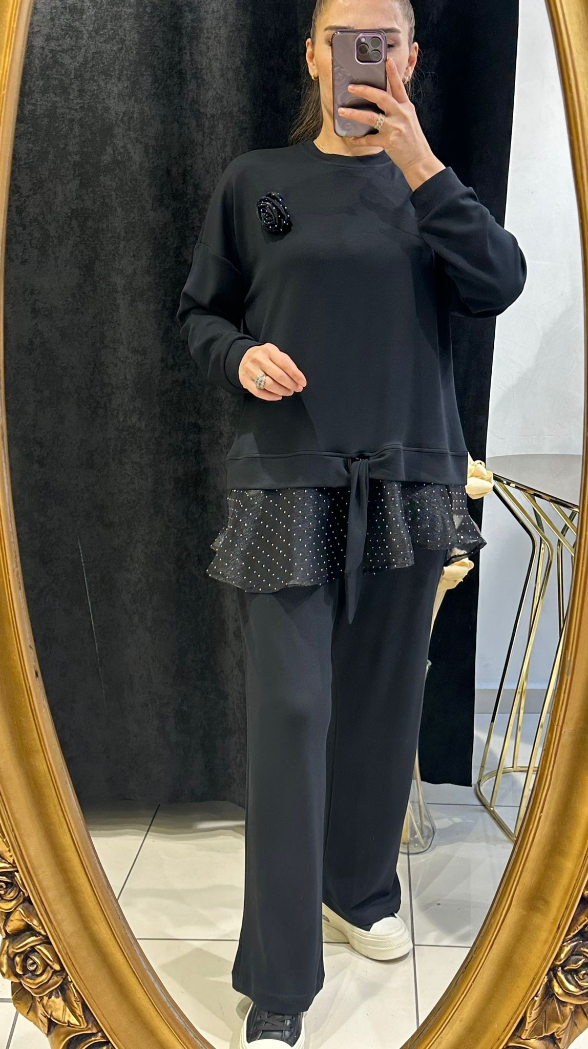 OYSHO ORGANZE DETAY PANTOLONLU İKİLİ TAKIM  - SİYAH