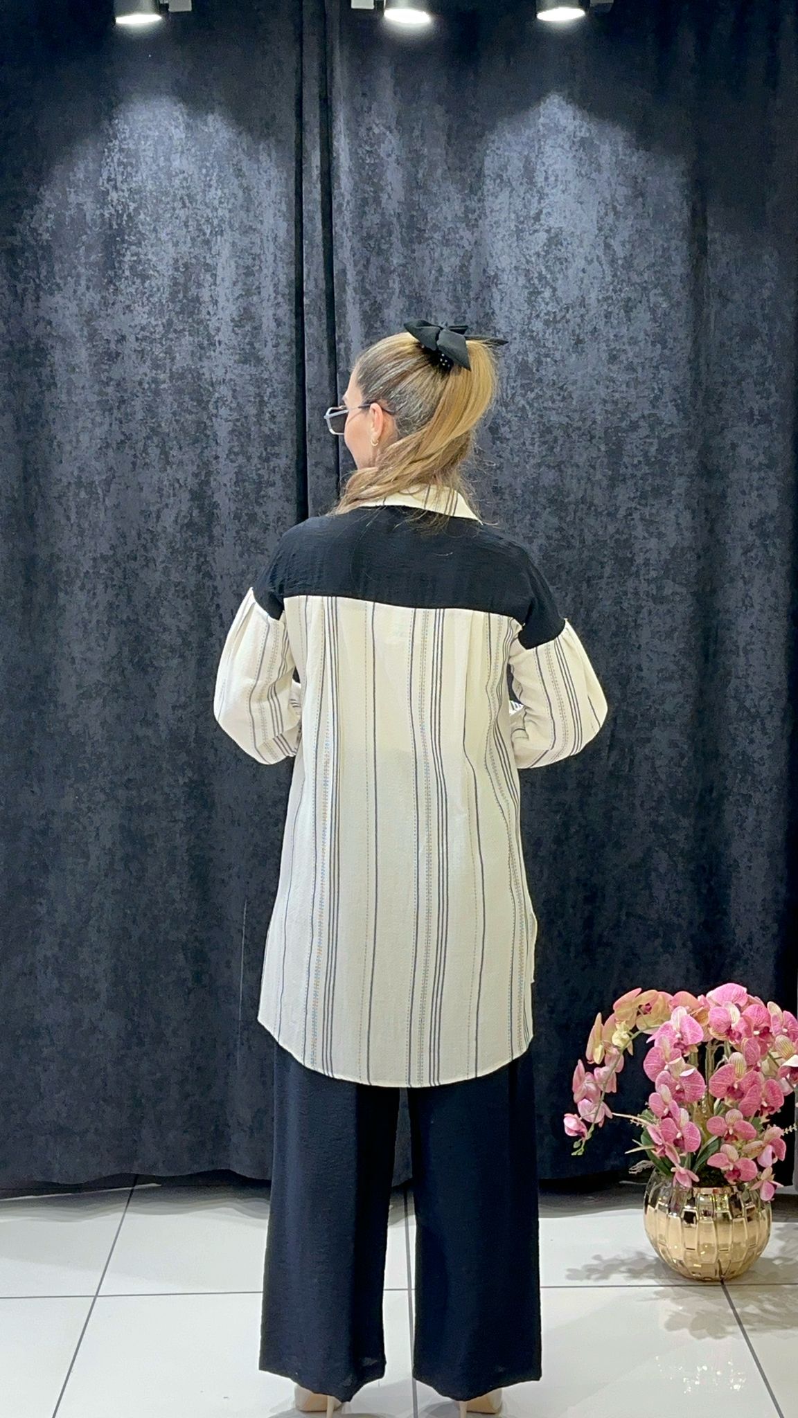 PAMUK VİSKON ÇİZGİLİ TUNİK PANTOLON İKİLİ TAKIM