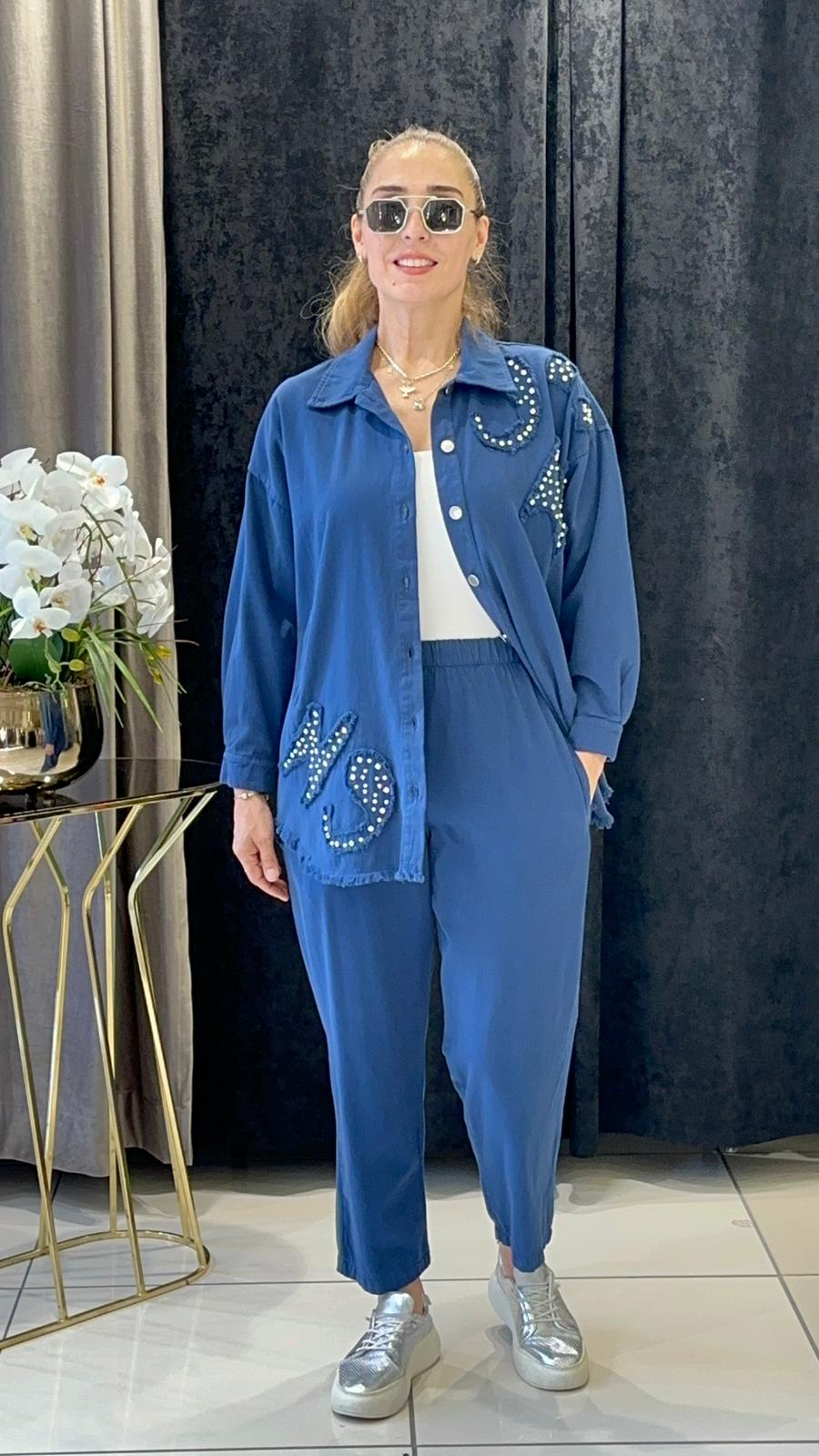 PAMUK GABARDİN TEŞ DETAYLI  PANTOLONLU TAKIM    - İNDİGO