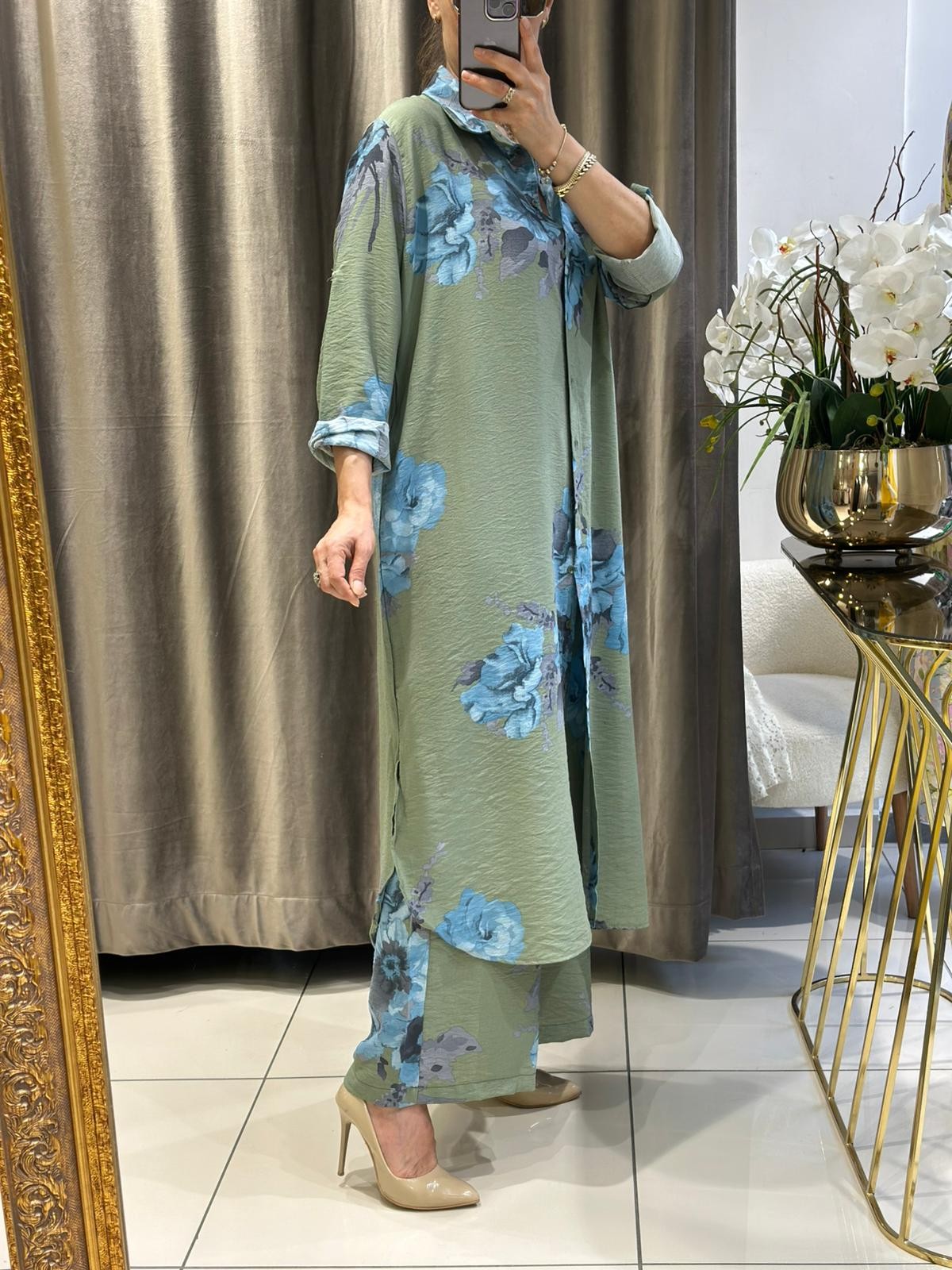 VİSKON MANGO KETEN UZUN TUNİK DİJİTAL BASKI TAKIM - HAKİ