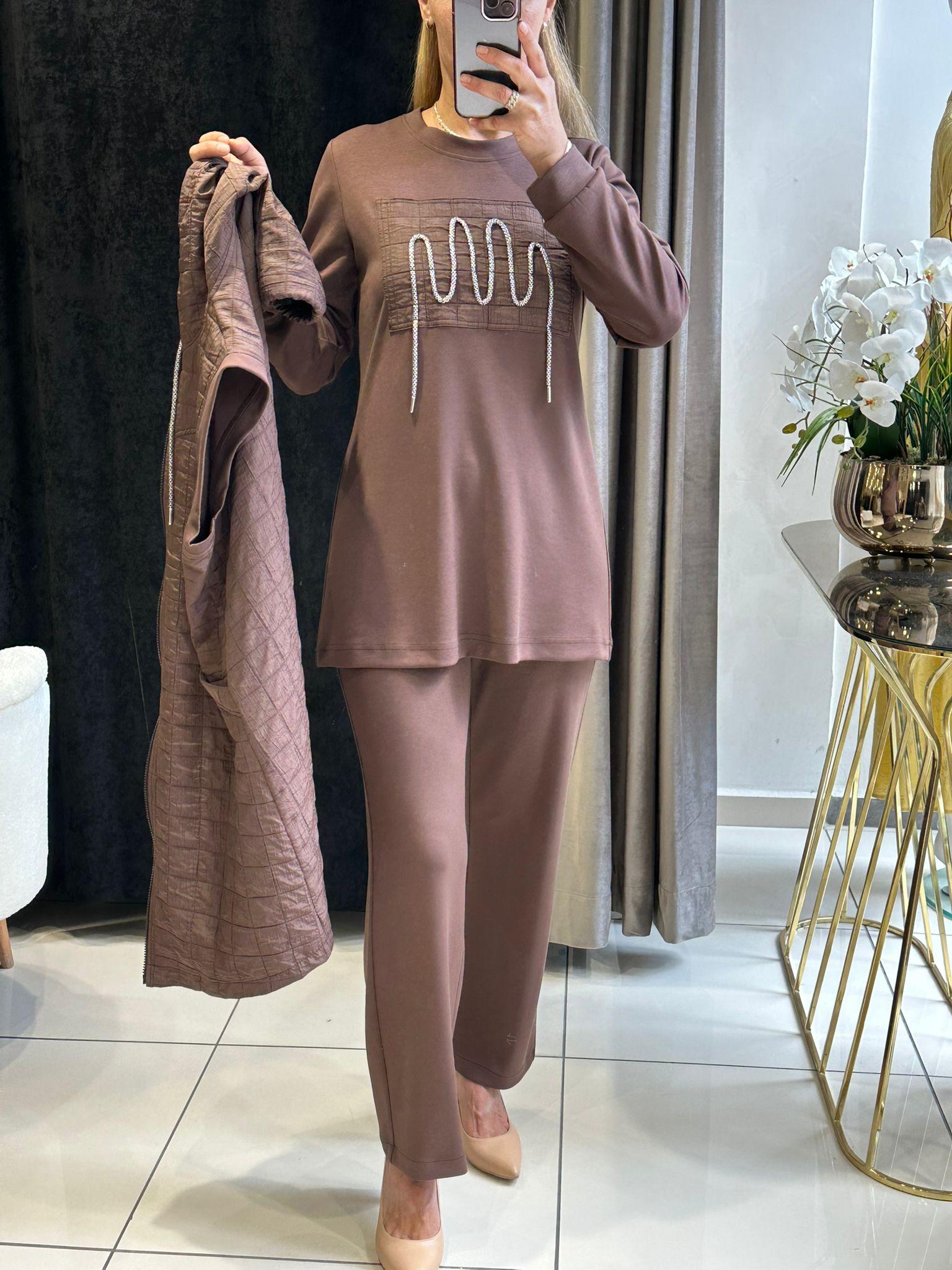 KAPİTONE YELEKLİ ÜÇLÜ TAKIM - KAHVE