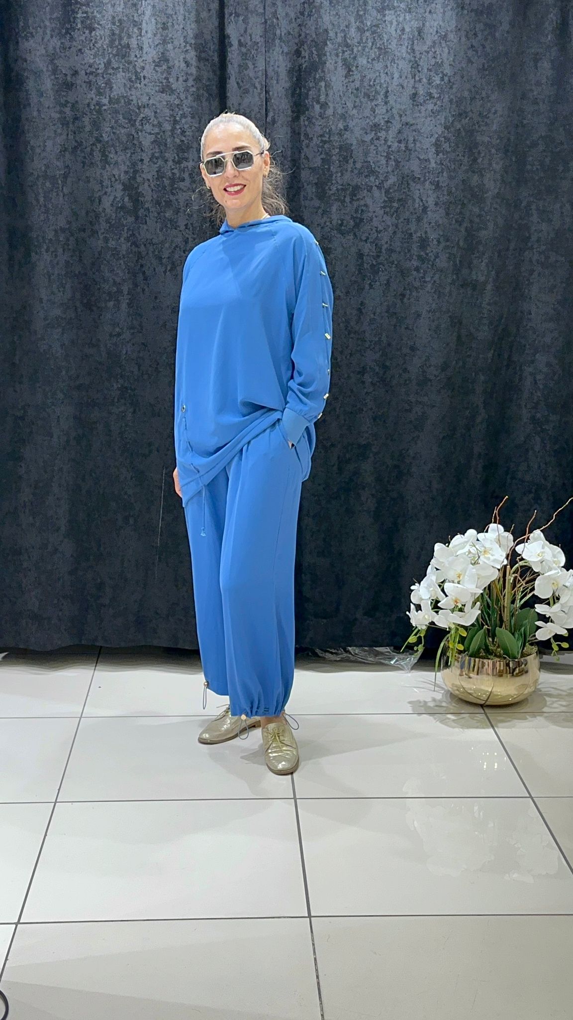 LİNDA KUMAŞ KAPİŞONLU TUNİK PANTOLON İKİLİ TAKIM - İNDİGO