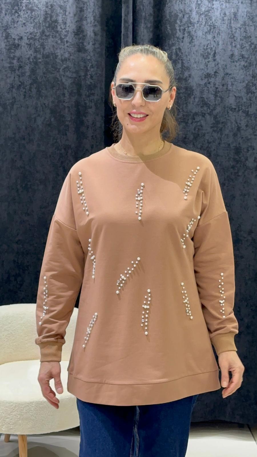 İNCİ TAŞ DETAYLI PENYE TUNİK DÖRT MEVSİM 