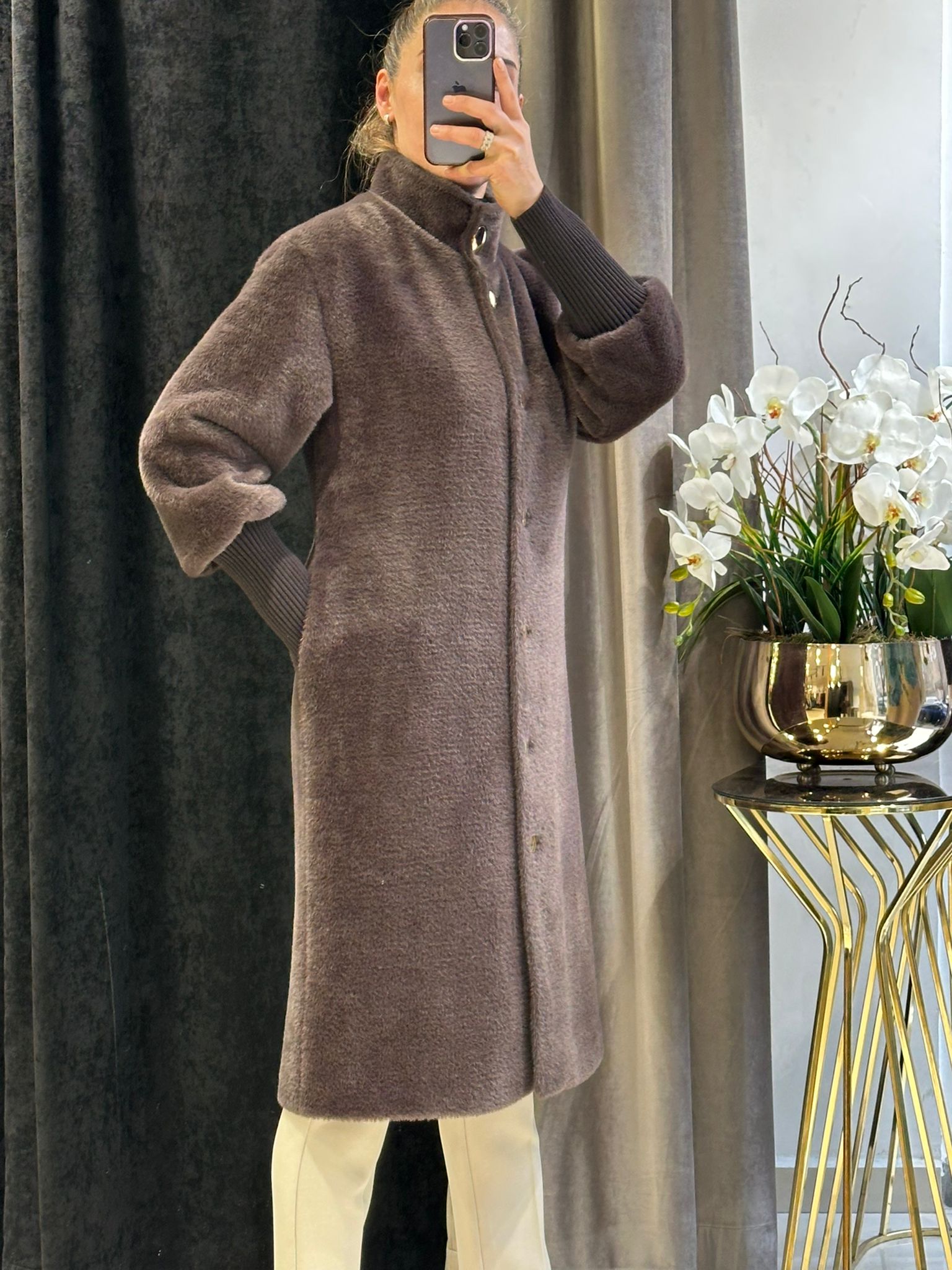 ANGORA KABAN KOL UCU TRİKO RİBANA GOLD DÜĞME DETAY - KAHVE