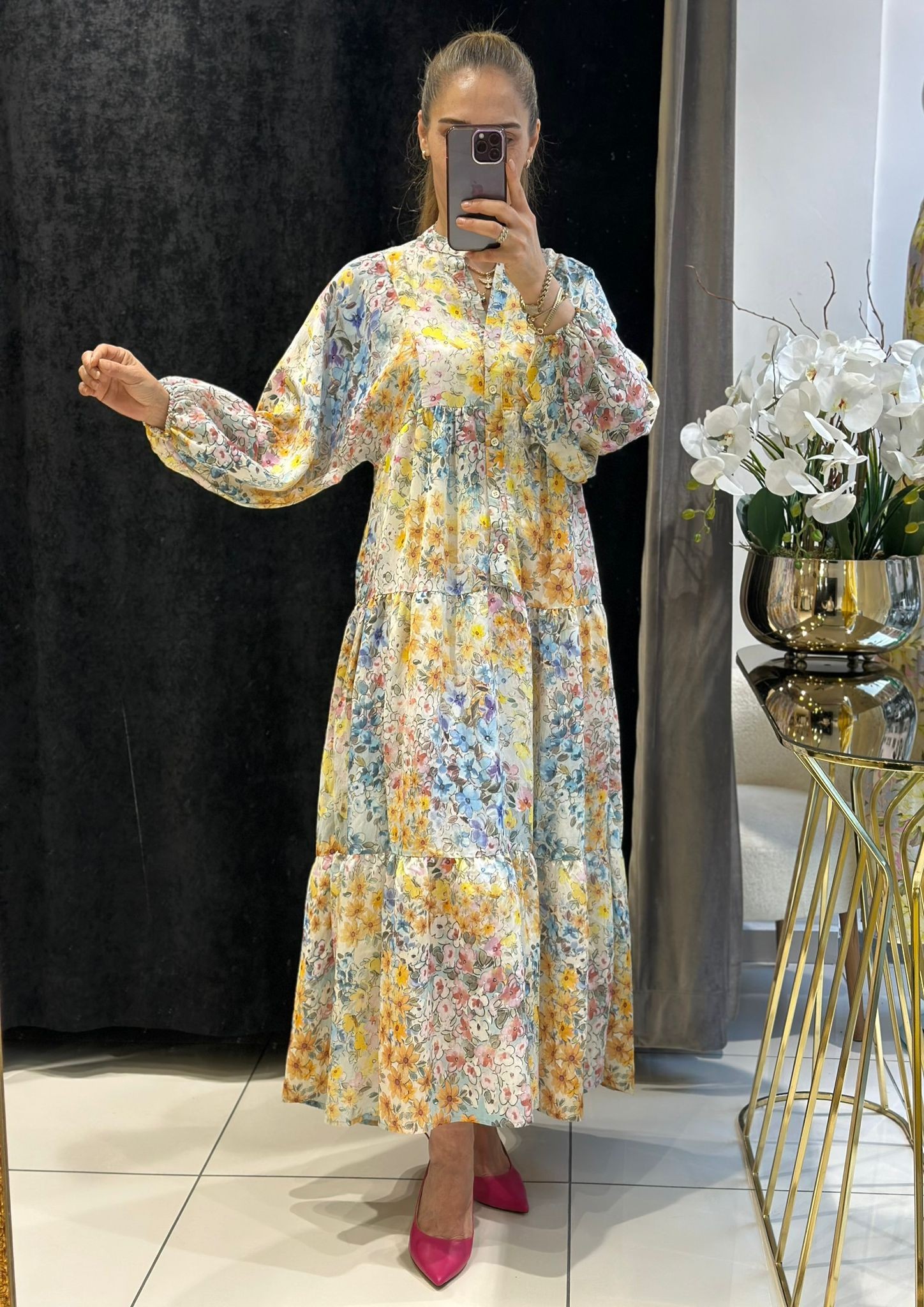 MANGO KETEN DÜĞME DETAY DİJİTAL BASKI ELBİSE