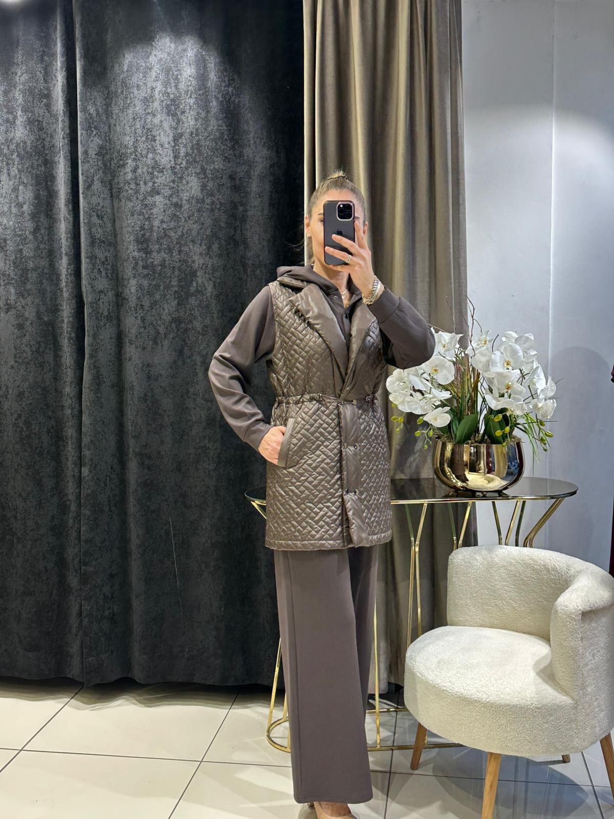 ŞİŞME YELEKLİ ÜÇLÜ TAKIM   - KAHVE