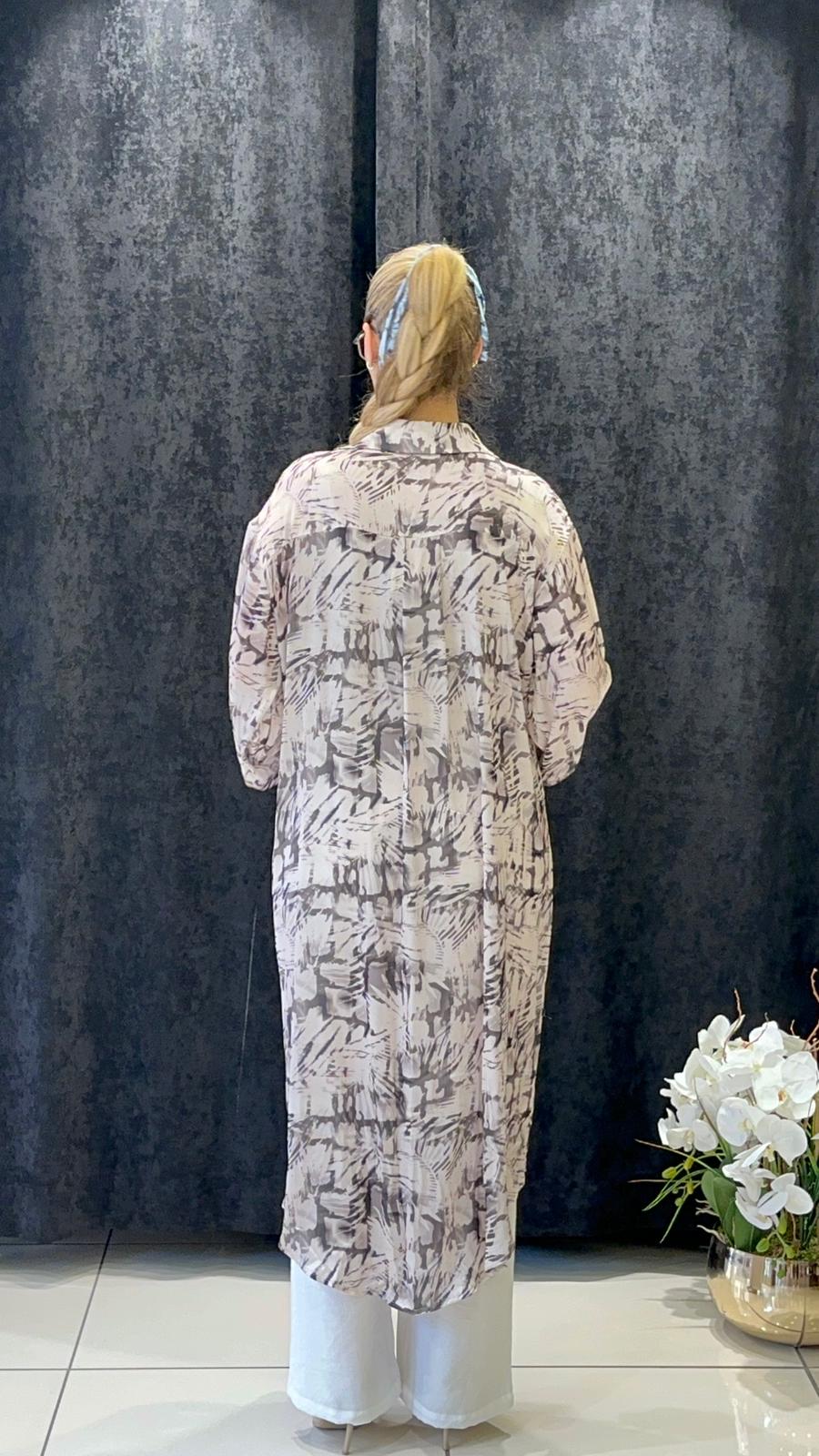 DİJİTAL BASKI VOAL UZUN TUNİK  - BEJ 