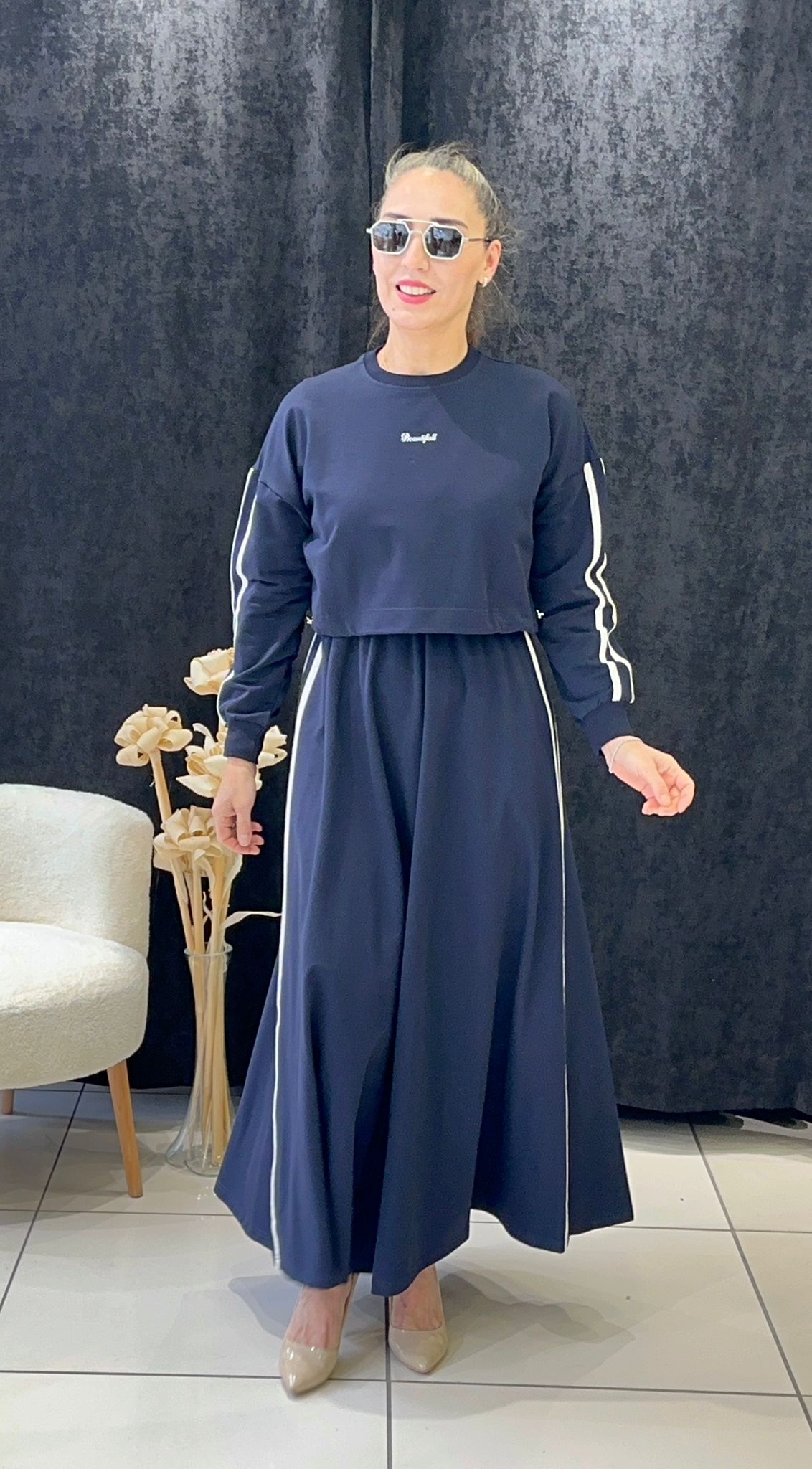 RİBANA DETAYLI İKİLİ ELBİSE İKİ İP PENYE KUMAŞ - LACI