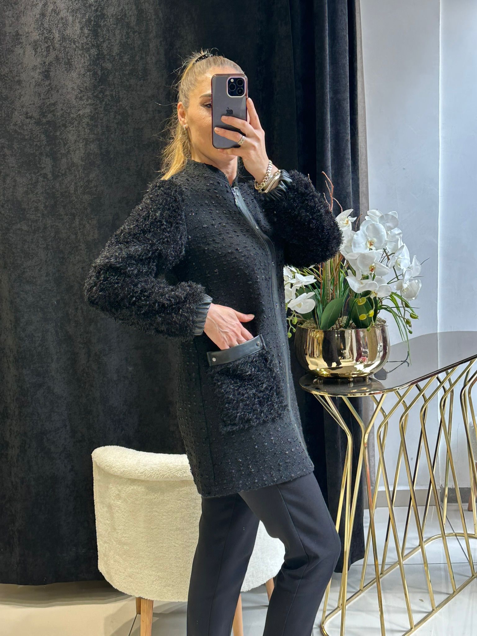 ÖRME KUMAŞ DERİ DETAY BAMBIR CEKET 