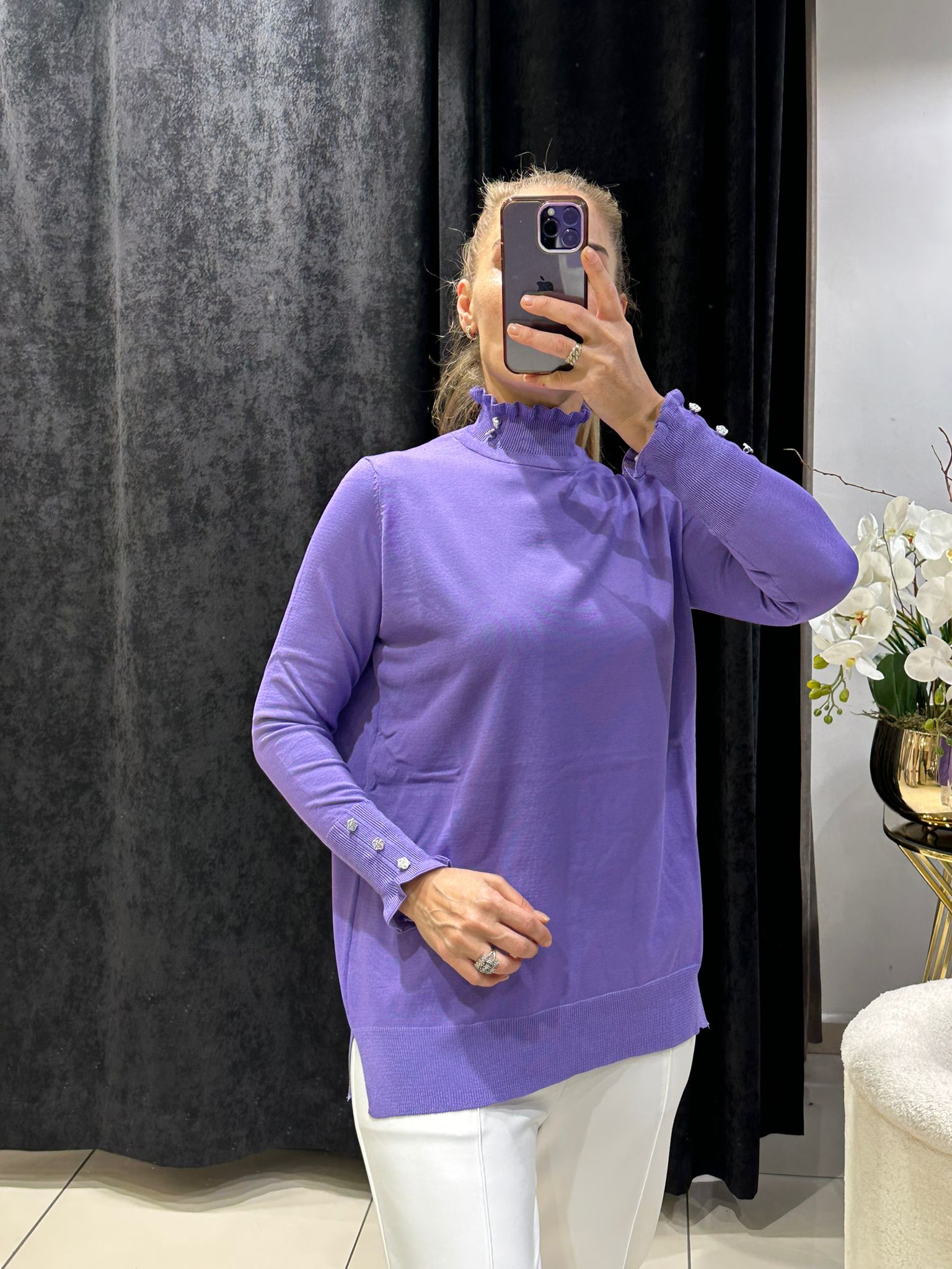 FIRFIR YAKA DÜĞME DETAYLI SOĞUK İP MESERİZE TRİKO  - LİLA