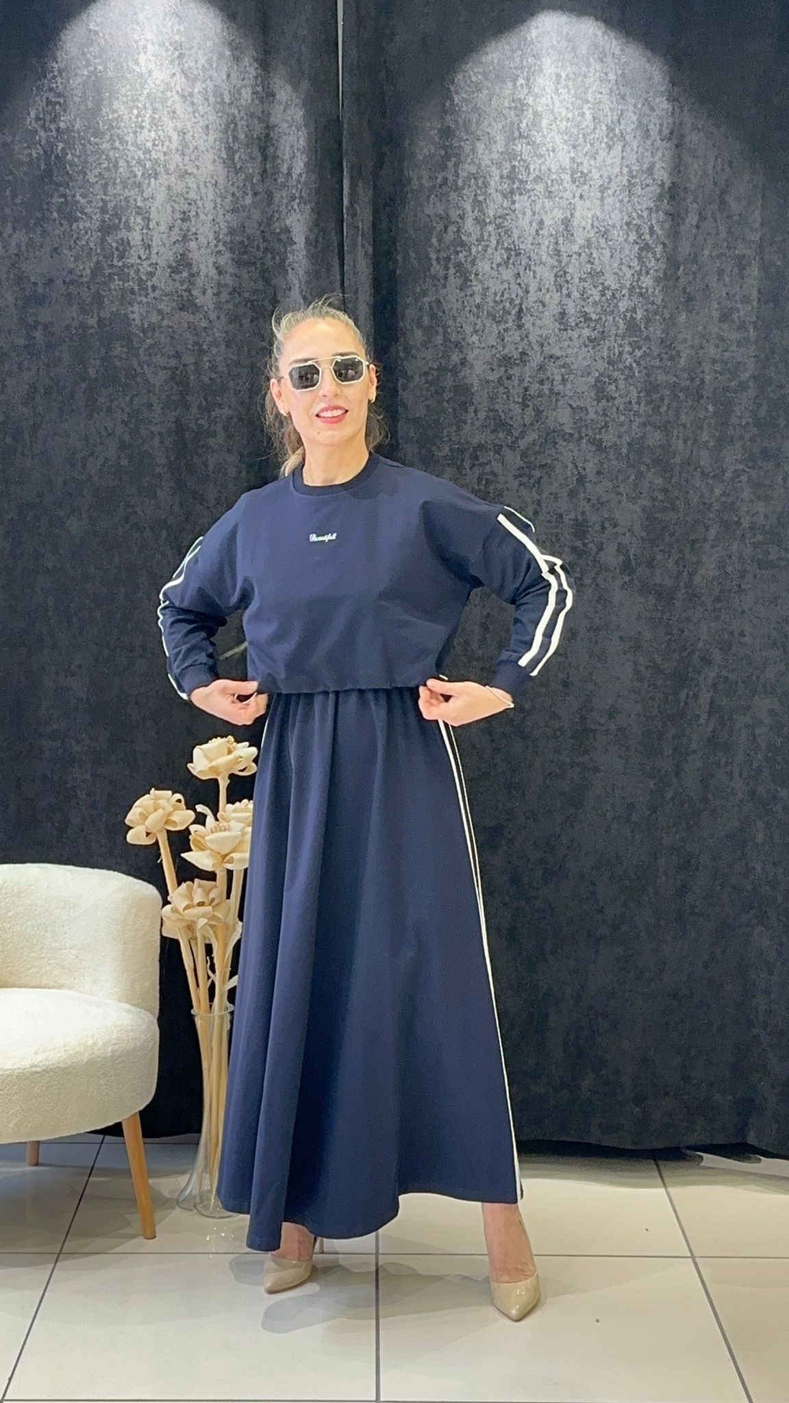 RİBANA DETAYLI İKİLİ ELBİSE İKİ İP PENYE KUMAŞ - LACI