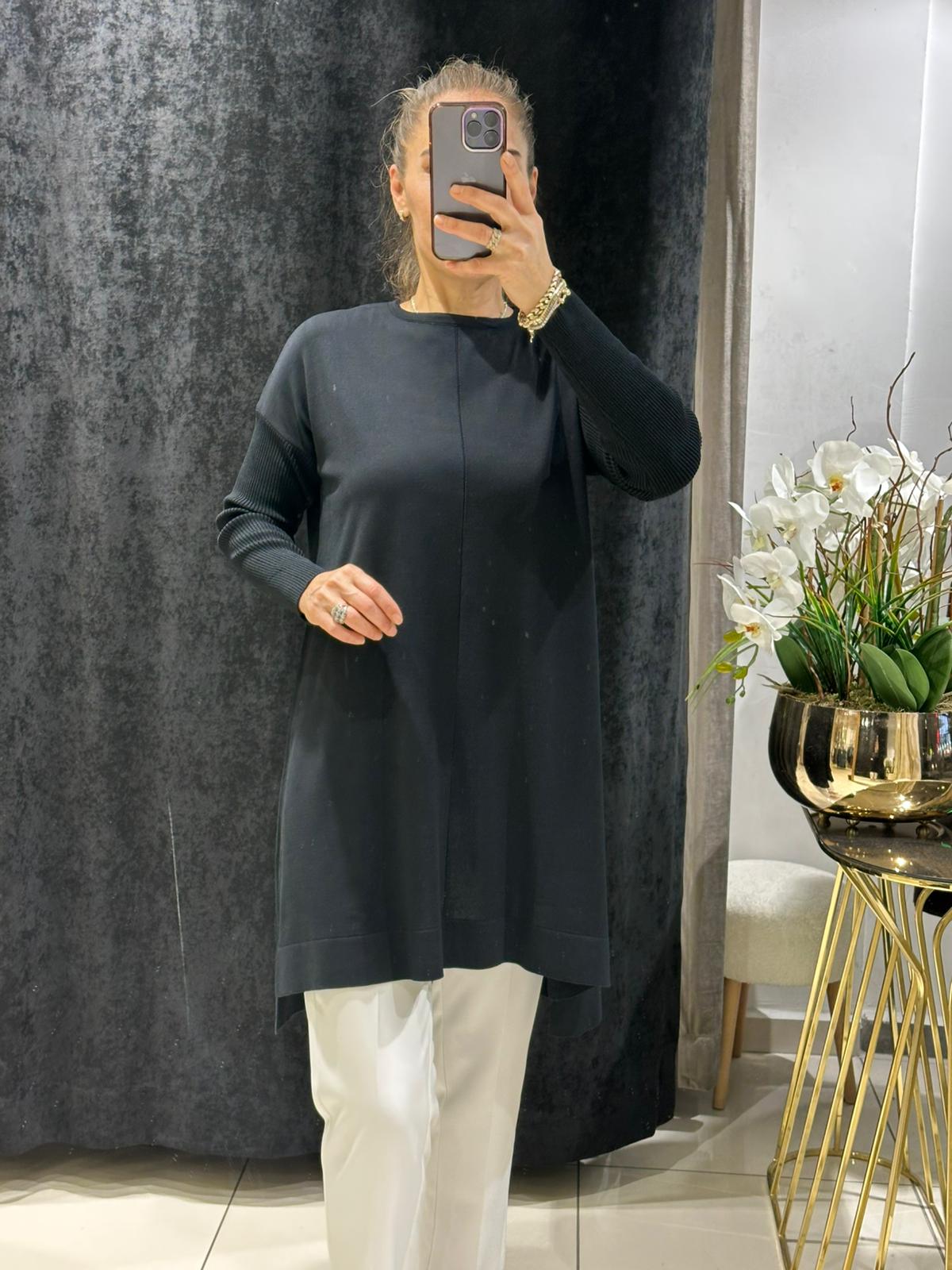 ORTASI DİKİŞ DETAYLI SOĞUK İP MESERİZE TRİKO - SİYAH