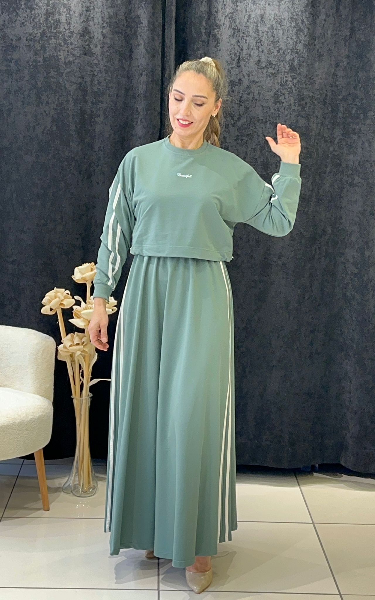 RİBANA DETAYLI İKİLİ ELBİSE İKİ İP PENYE KUMAŞ - MİNT 