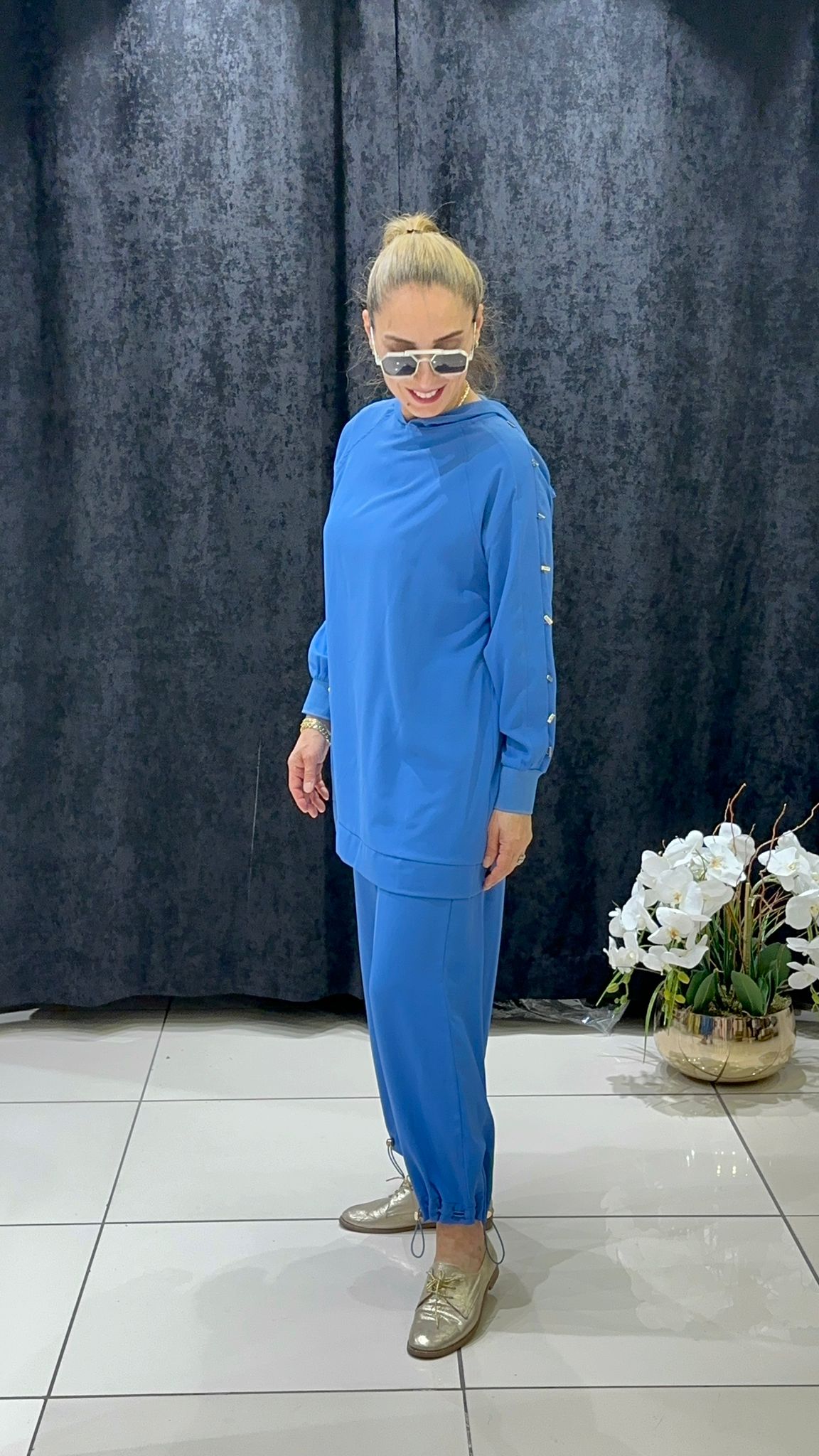 LİNDA KUMAŞ KAPİŞONLU TUNİK PANTOLON İKİLİ TAKIM - İNDİGO