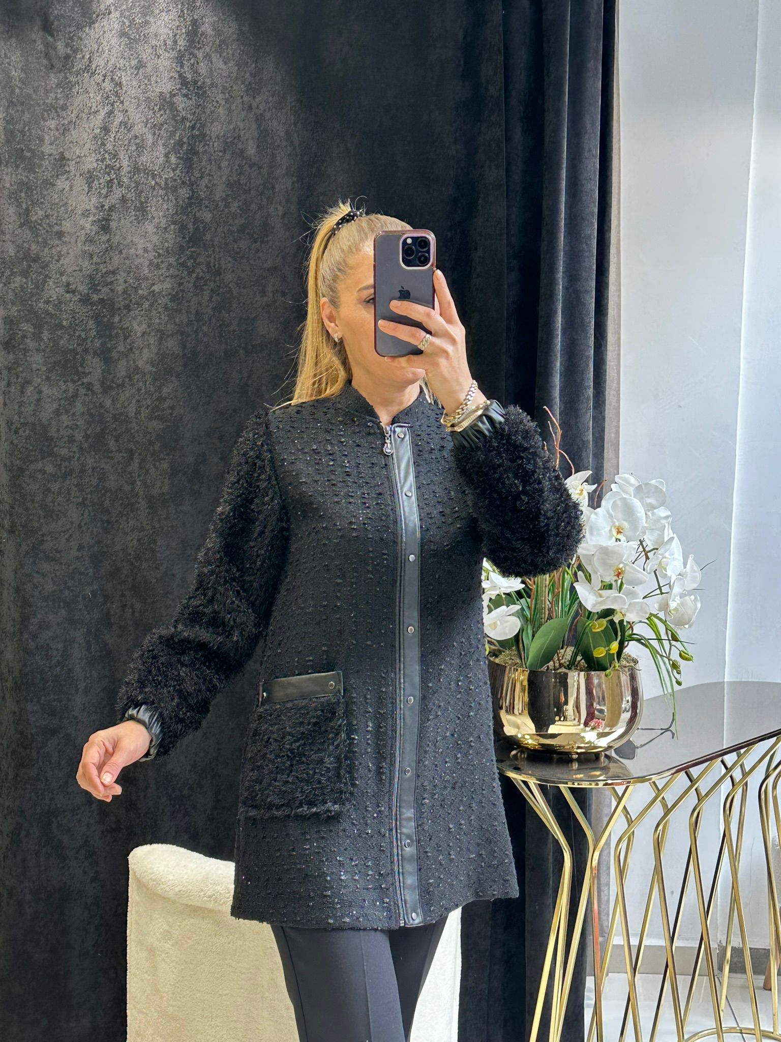 ÖRME KUMAŞ DERİ DETAY BAMBIR CEKET 