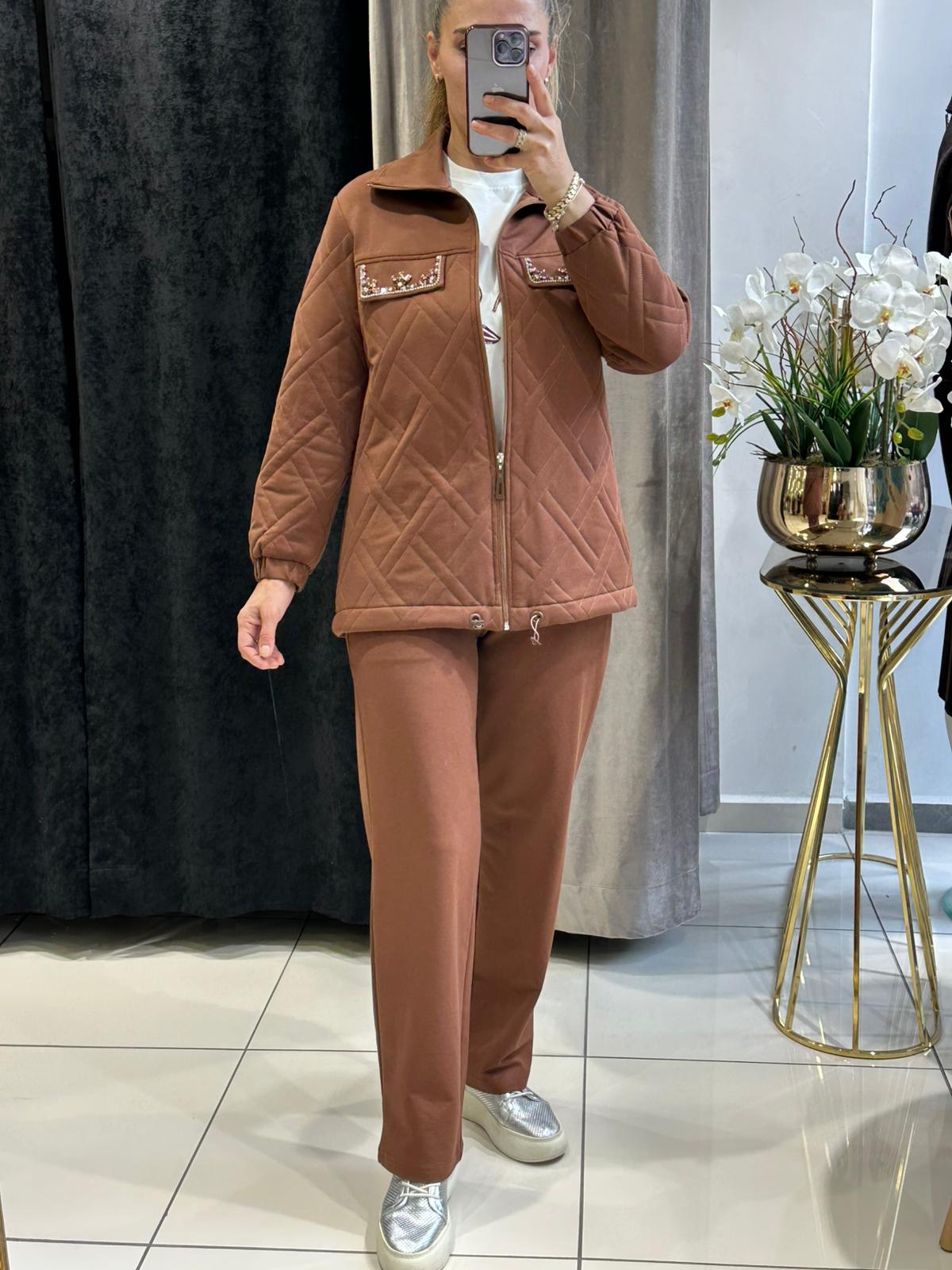 PAMUK KAPİTONE CEKET TAŞ DETAYLI ÜÇLÜ TAKIM 