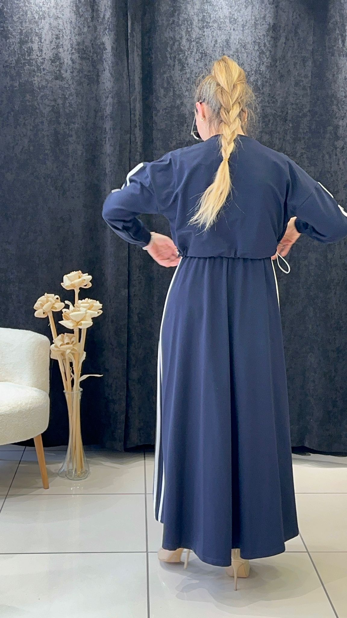 RİBANA DETAYLI İKİLİ ELBİSE İKİ İP PENYE KUMAŞ - LACI