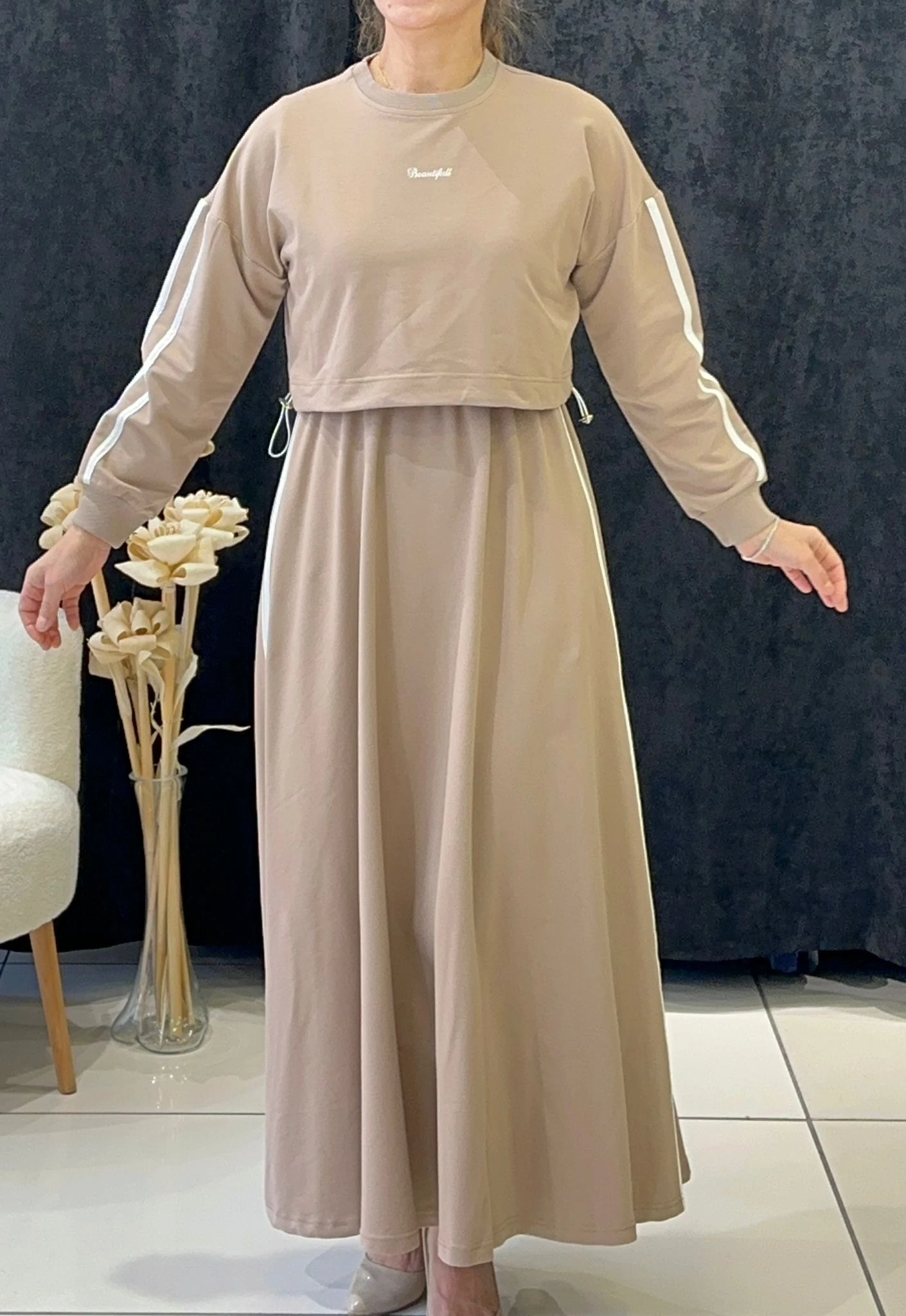 RİBANA DETAYLI İKİLİ ELBİSE İKİ İP PENYE KUMAŞ - VİZON