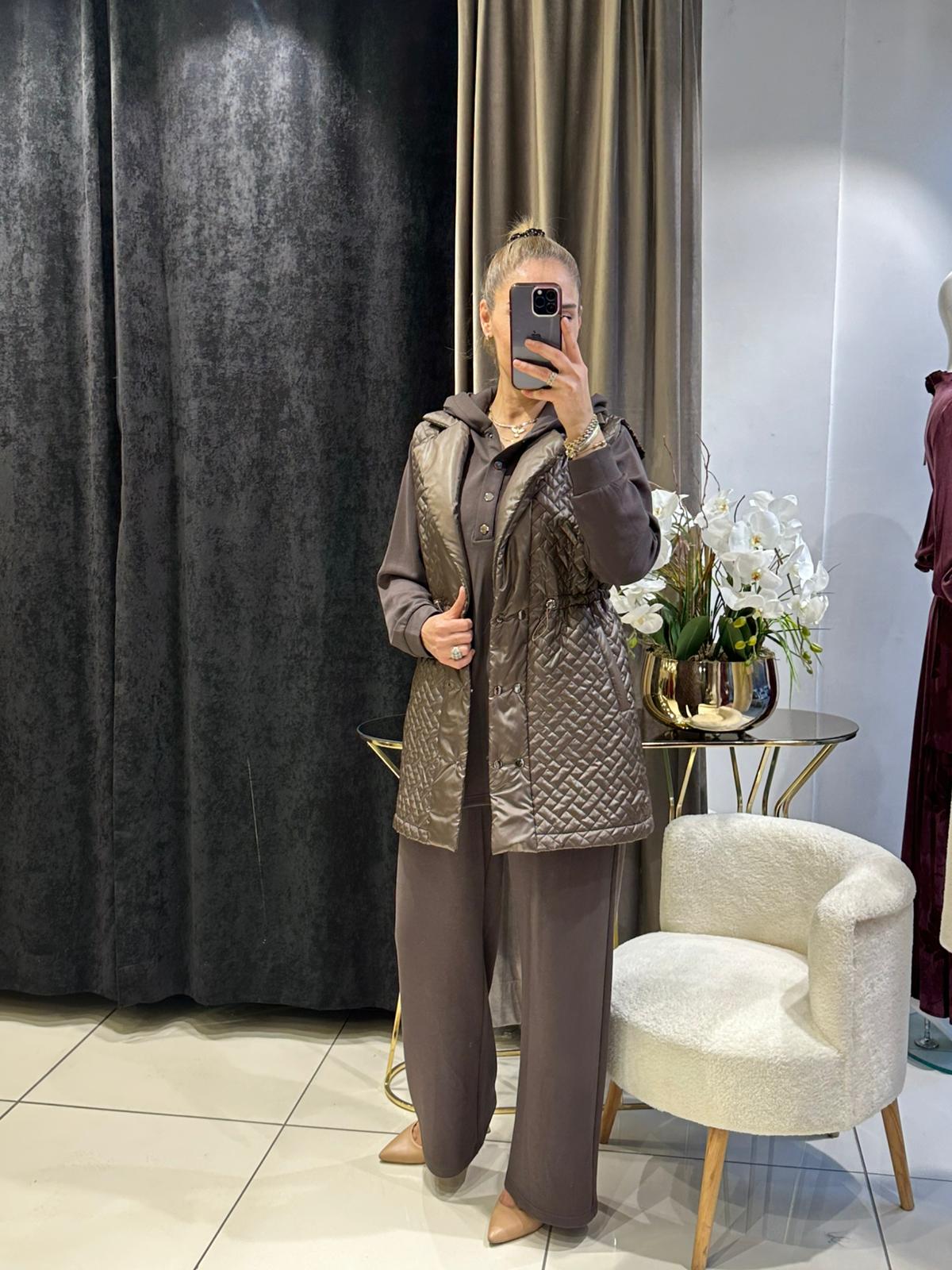 ŞİŞME YELEKLİ ÜÇLÜ TAKIM   - KAHVE