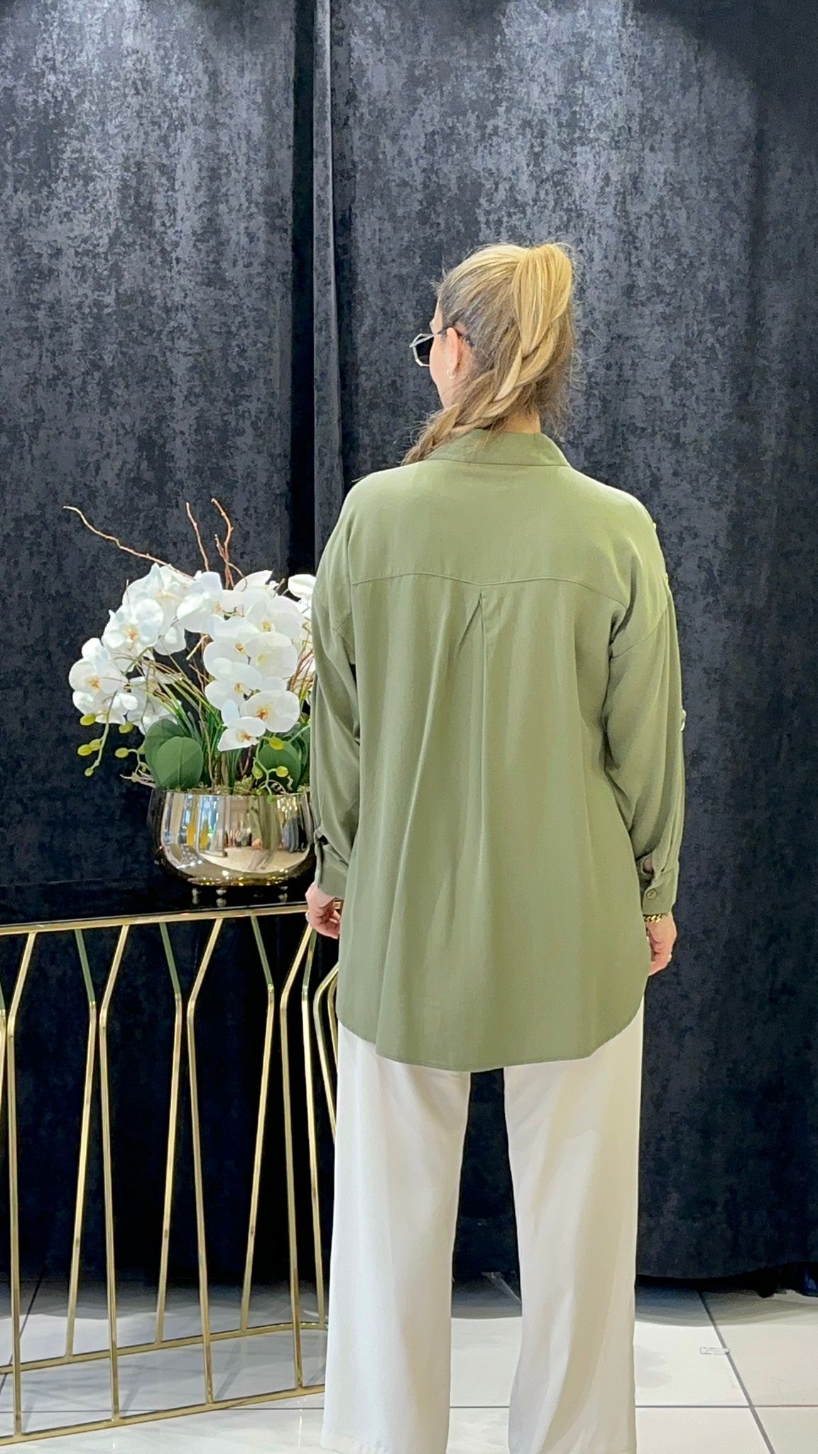 PAMUK TENSEL SU YOLU ZİNCİR TAŞ TEDAYLI GÖMLEK - HAKİ