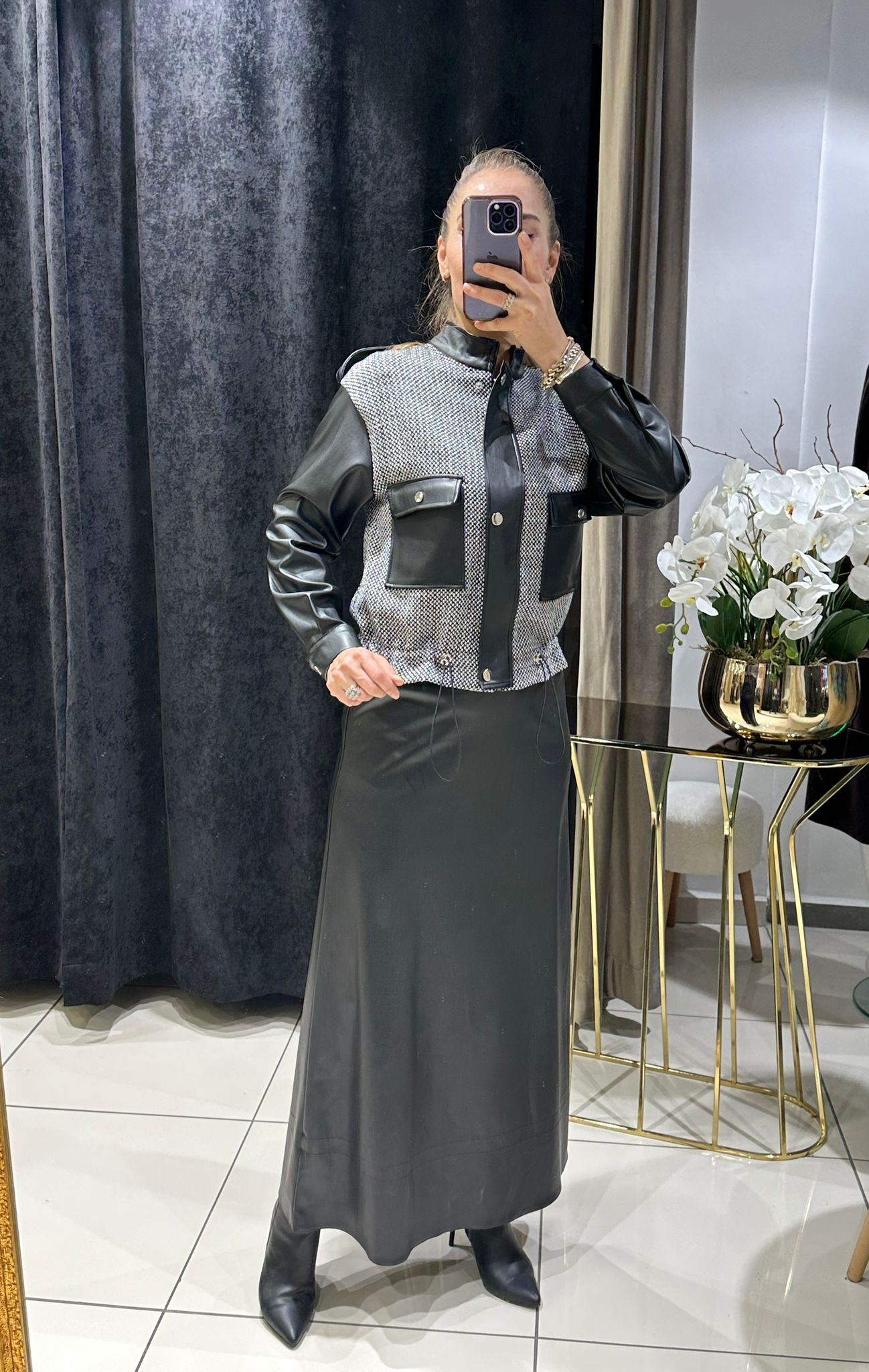 DERİ CEKET GARNİLİ ETEKLİ TAKIM    