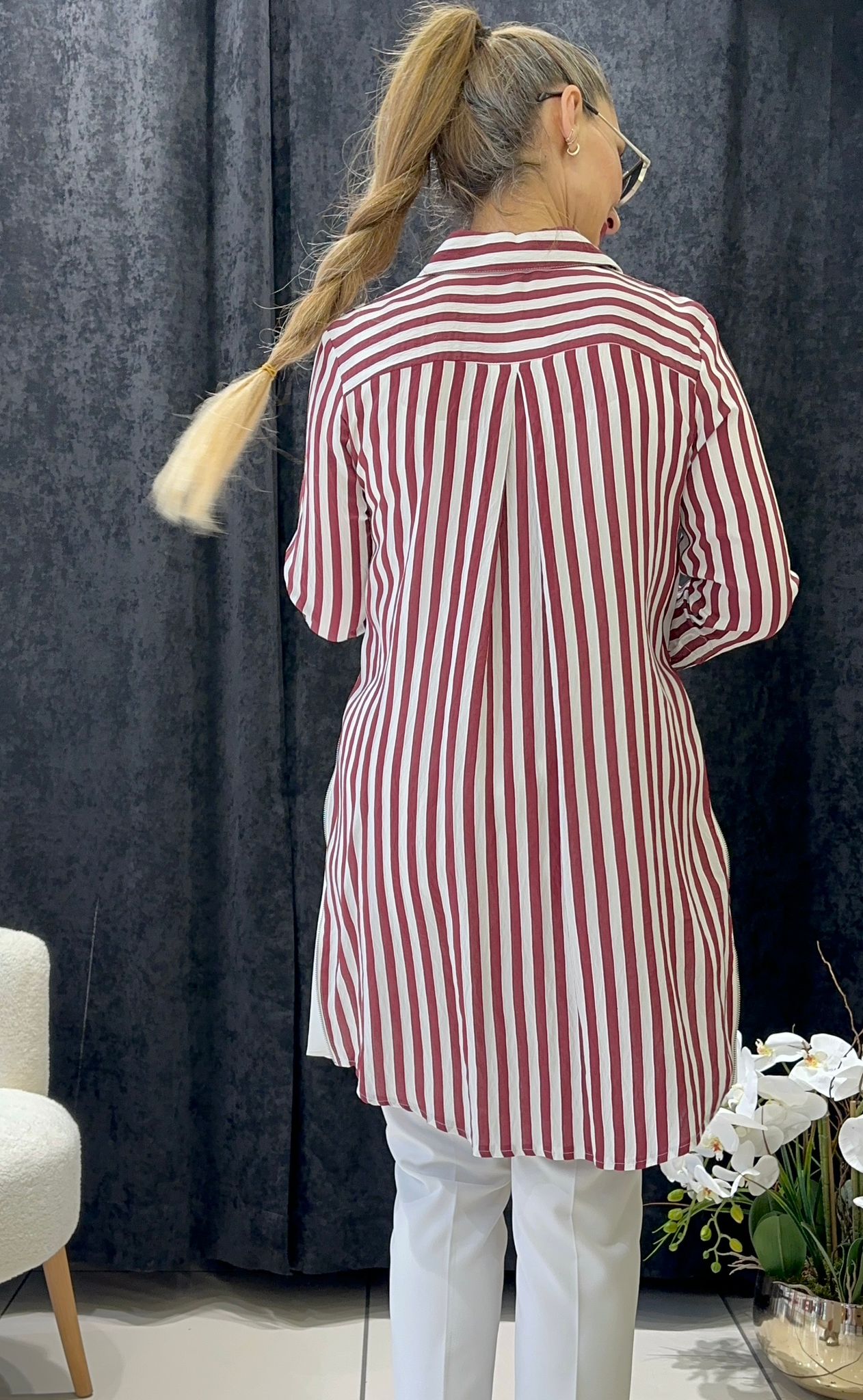 FERMUAR DETAY VİSKON ÇİZGİLİ TUNİK  - BORDO