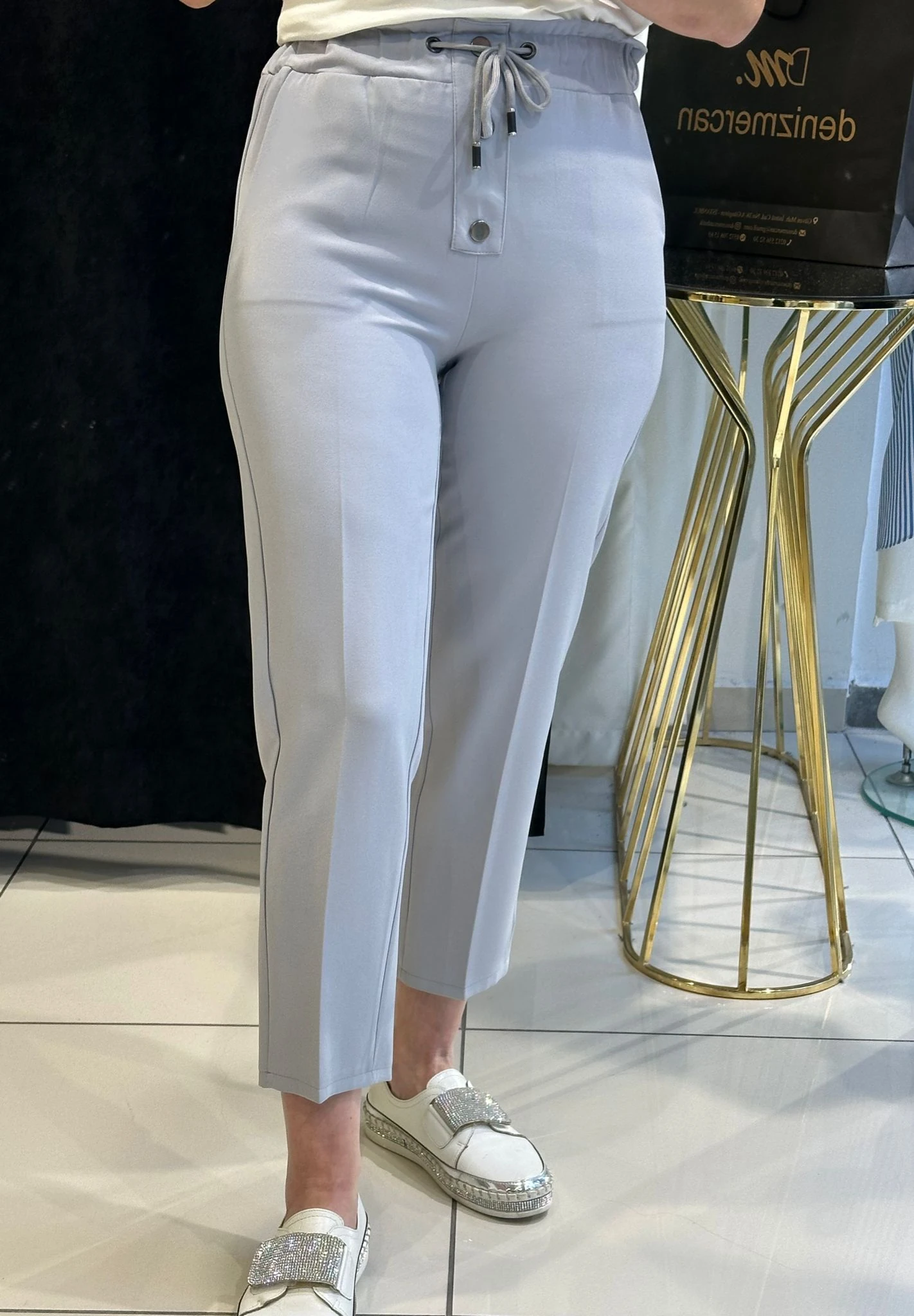 DÜĞME DETAY BELİ LASTİKLİ PANTOLON  - GRİ