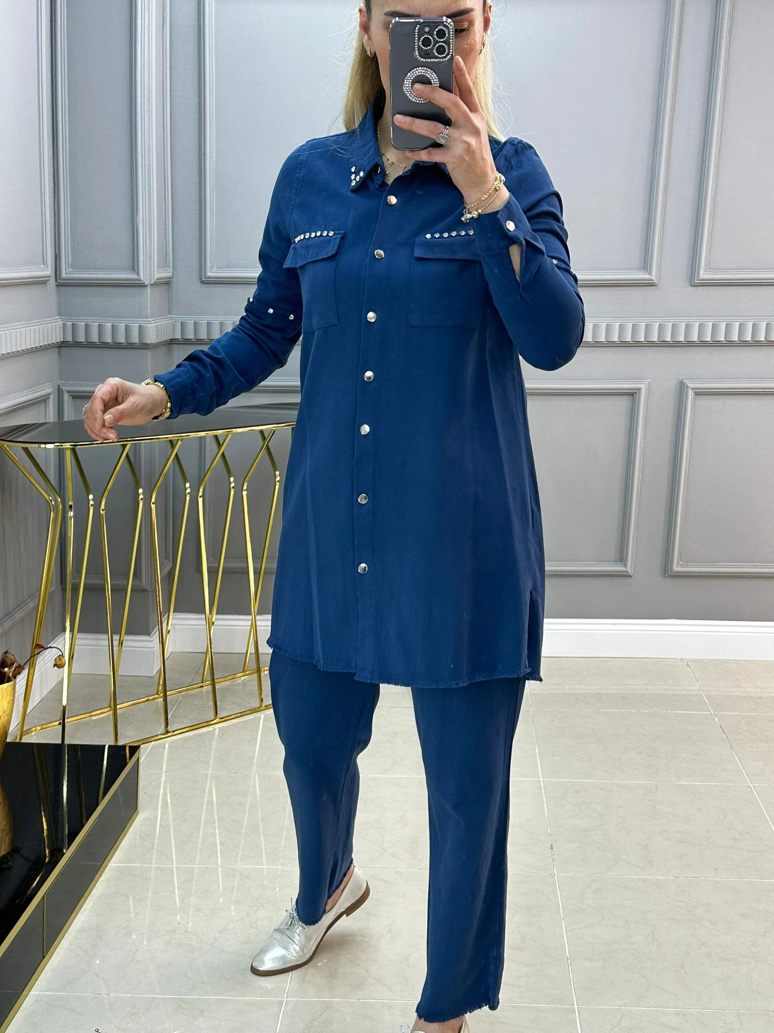 PAMUK GABARDİN TAŞ DETAYLI İKİLİ TAKIM 