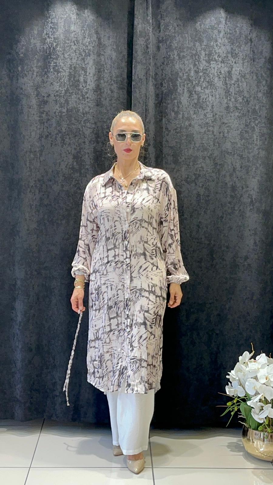 DİJİTAL BASKI VOAL UZUN TUNİK  - BEJ 