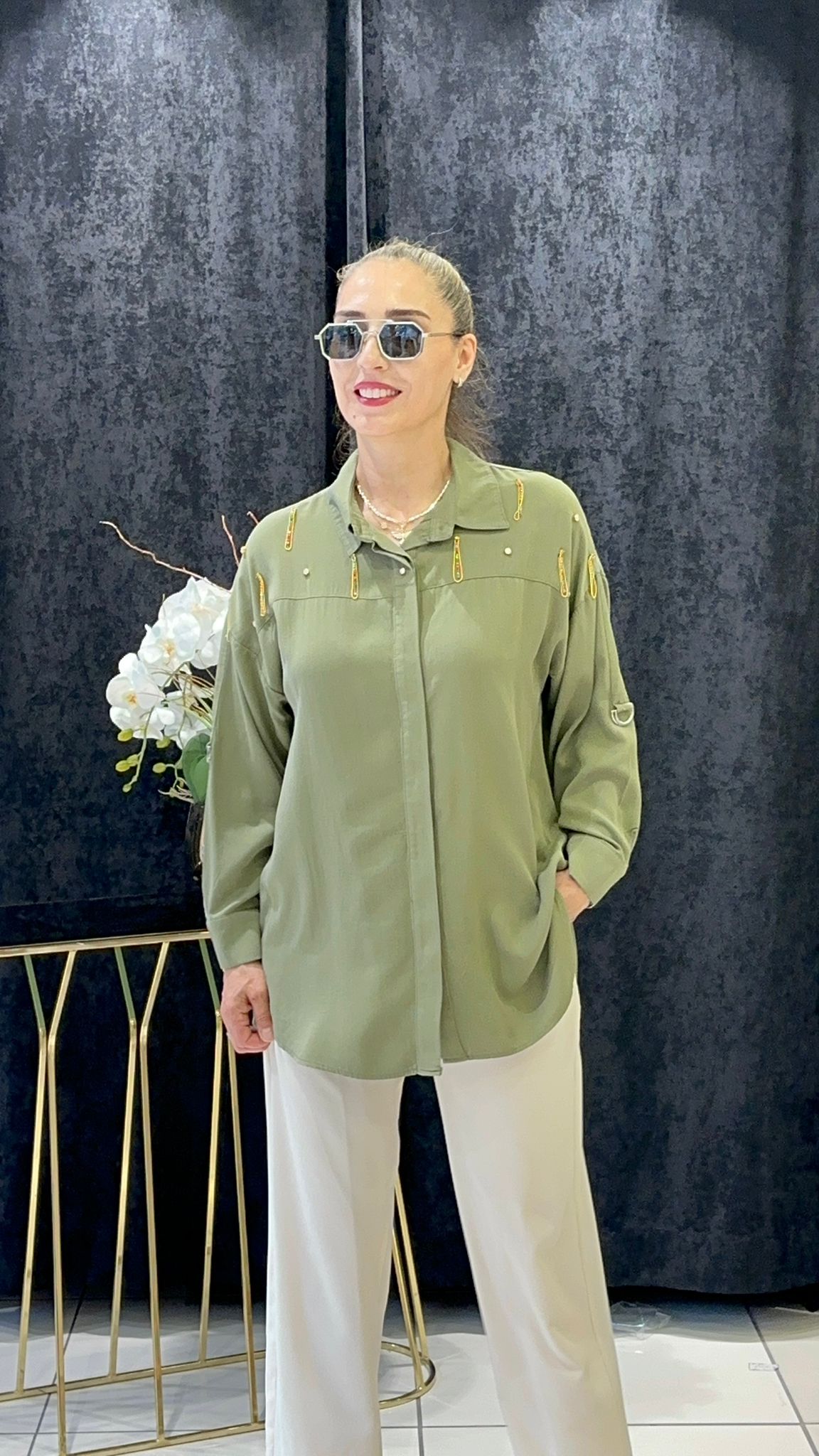 PAMUK TENSEL SU YOLU ZİNCİR TAŞ TEDAYLI GÖMLEK - HAKİ