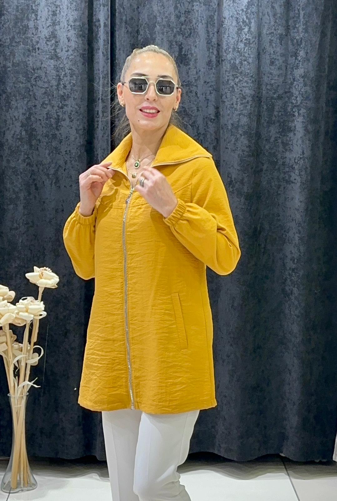 BAMBU TENSEL YAKA TAŞ DETAYLI KAP - HARDAL