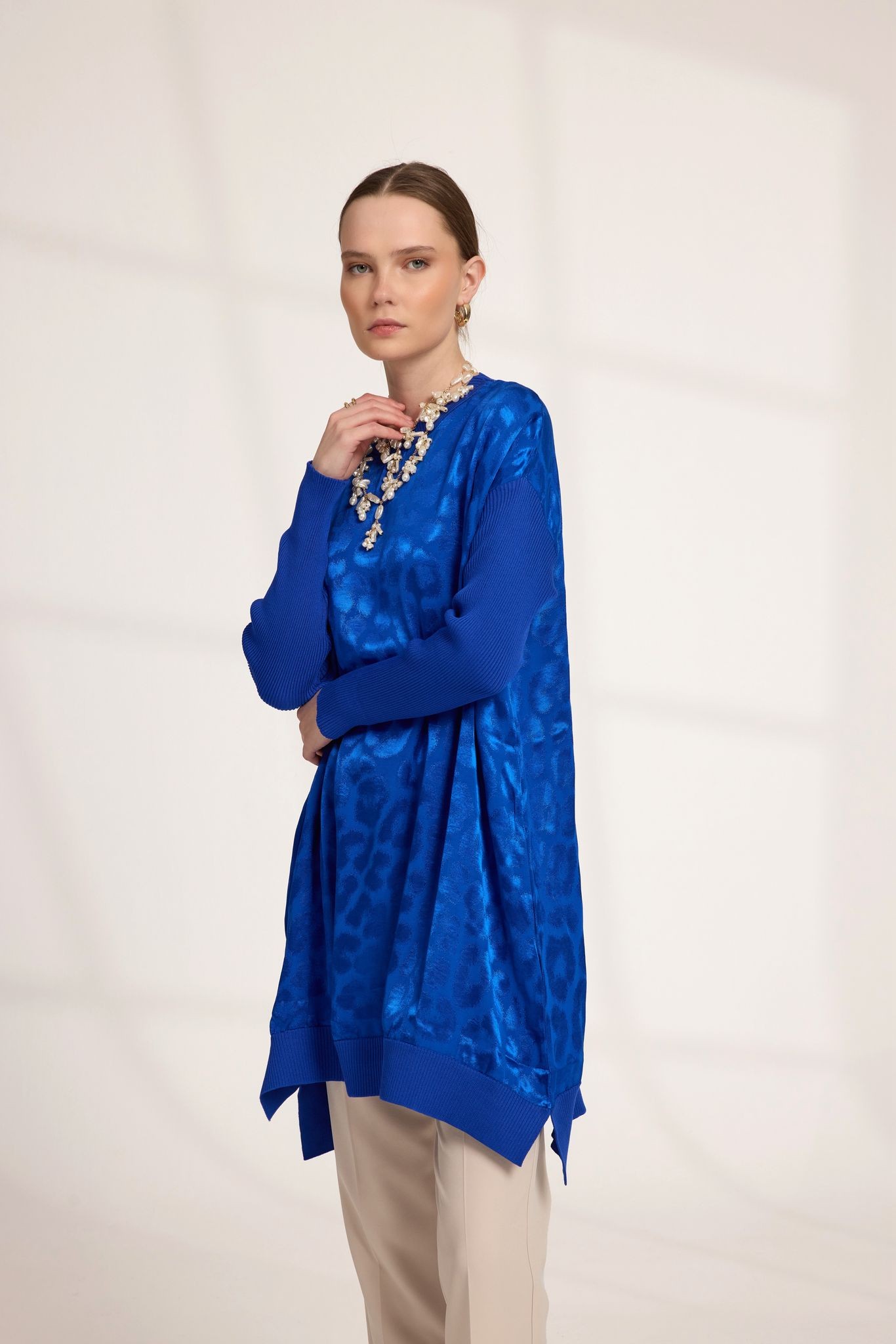 LEOPAR DESEN JAKAR GARNİLİ SOĞUK İP MESERİZE  - SAKS MAVİ