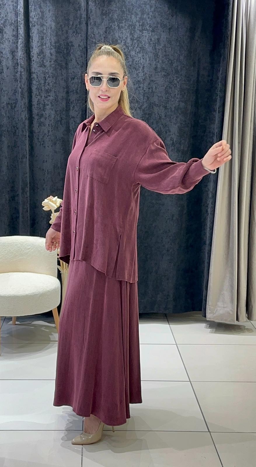 İPEK KUPRA KUMAŞ GÖMLEK SALAŞ MODEL ETİKİLİ TAKIM