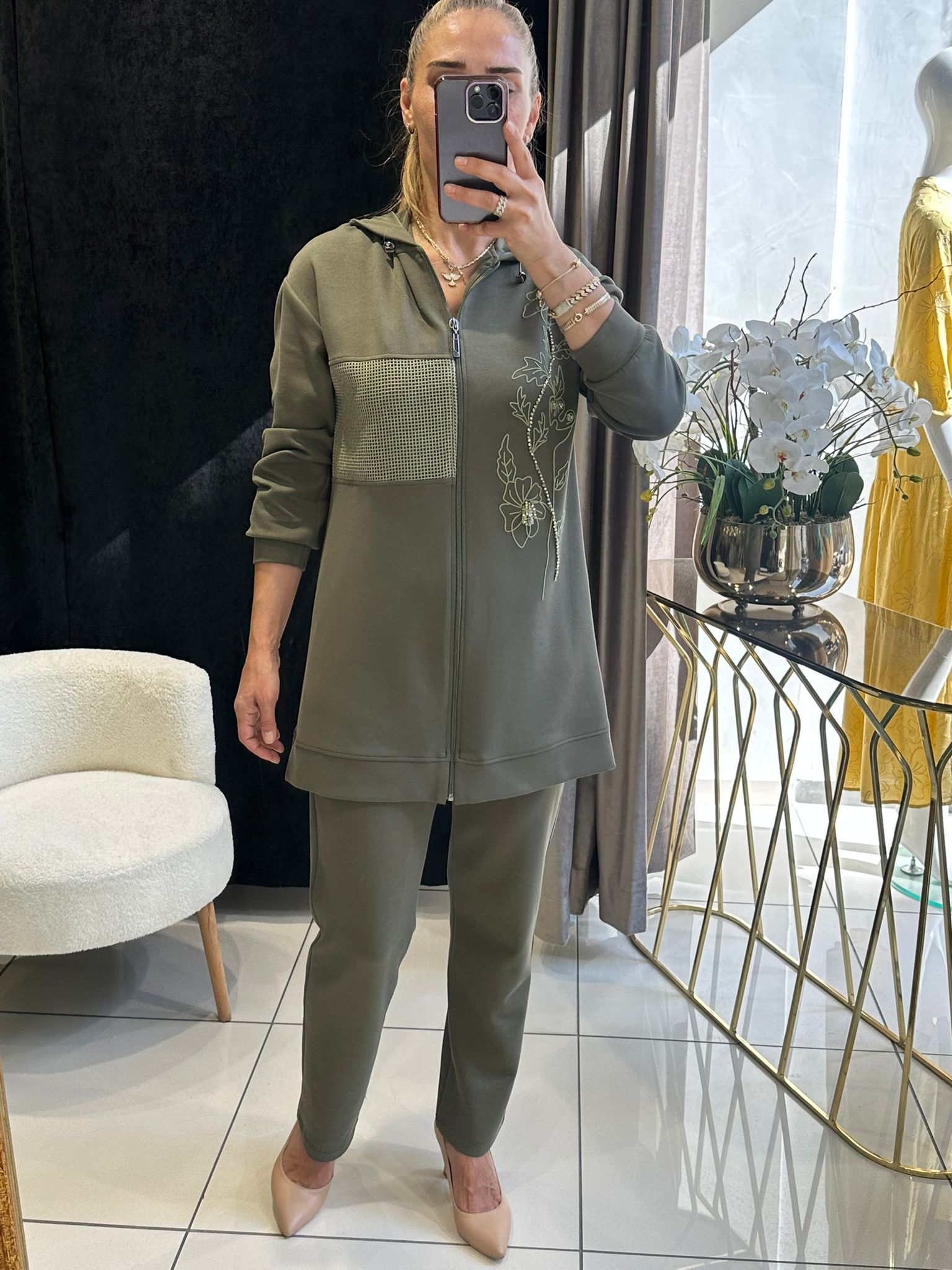 BAMBU PENYE BASKI VE BONCUK İŞLEMELİ TAKIM - HAKİ