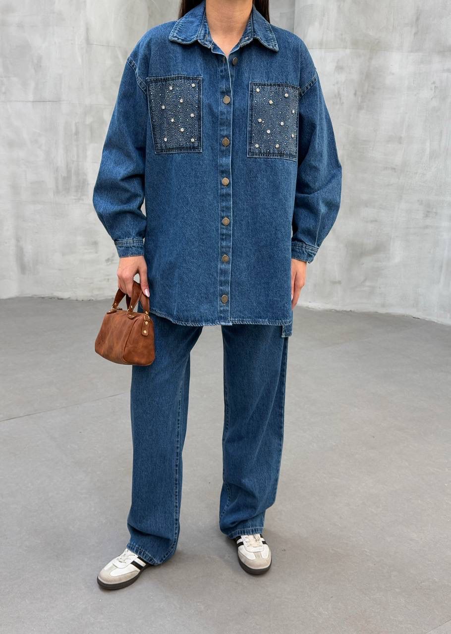 CEP TAŞ DETAY KOT GÖMLEKLİ İKİLİ TAKIM