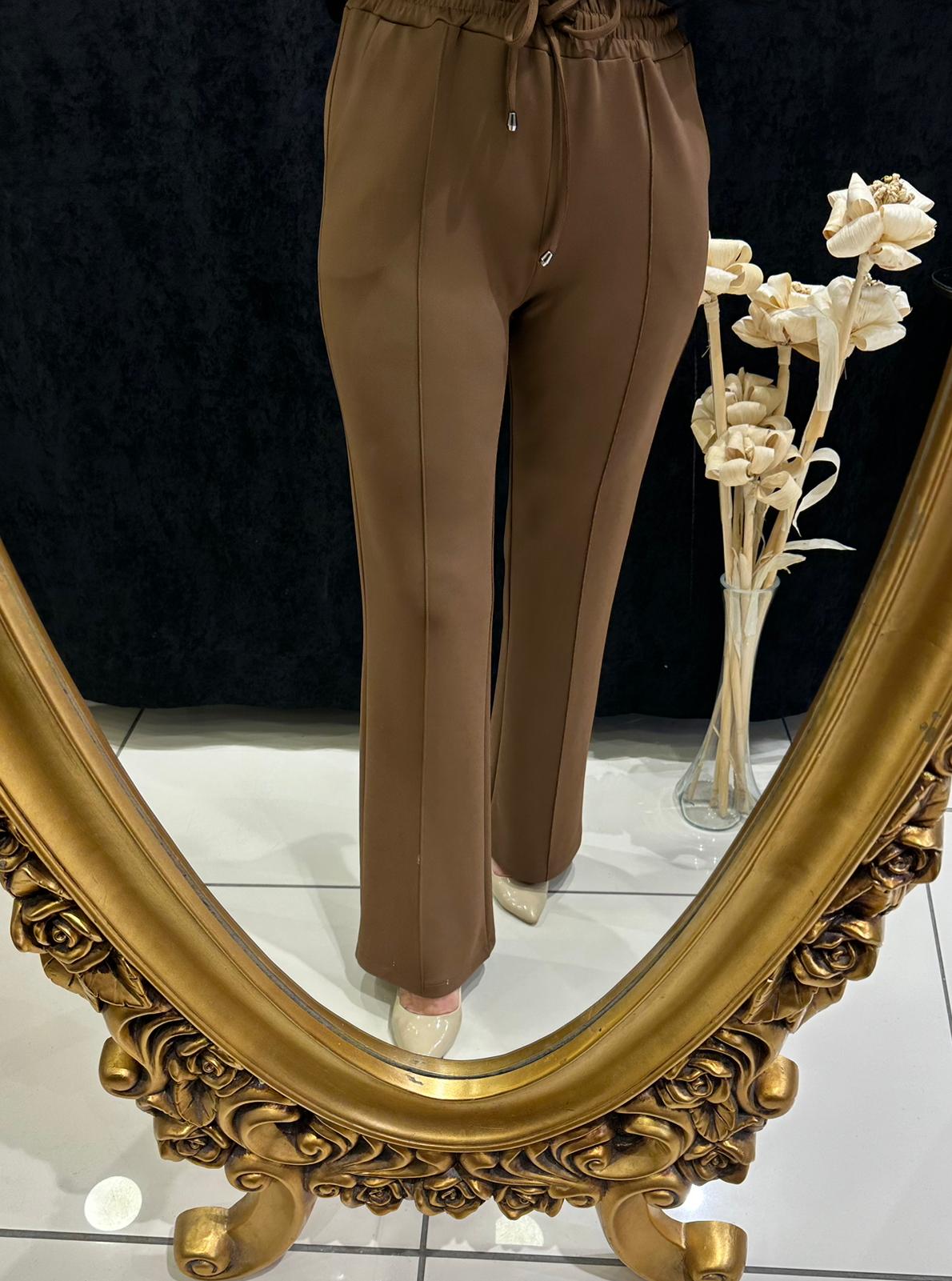 İSPANYOL PAÇA SCUBA BELİ LASTİKLİ PANTOLON  - KAHVE