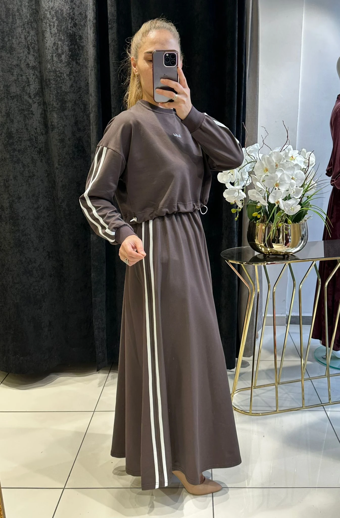 RİBANA DETAYLI İKİLİ ELBİSE İKİ İP PENYE KUMAŞ - KAHVE