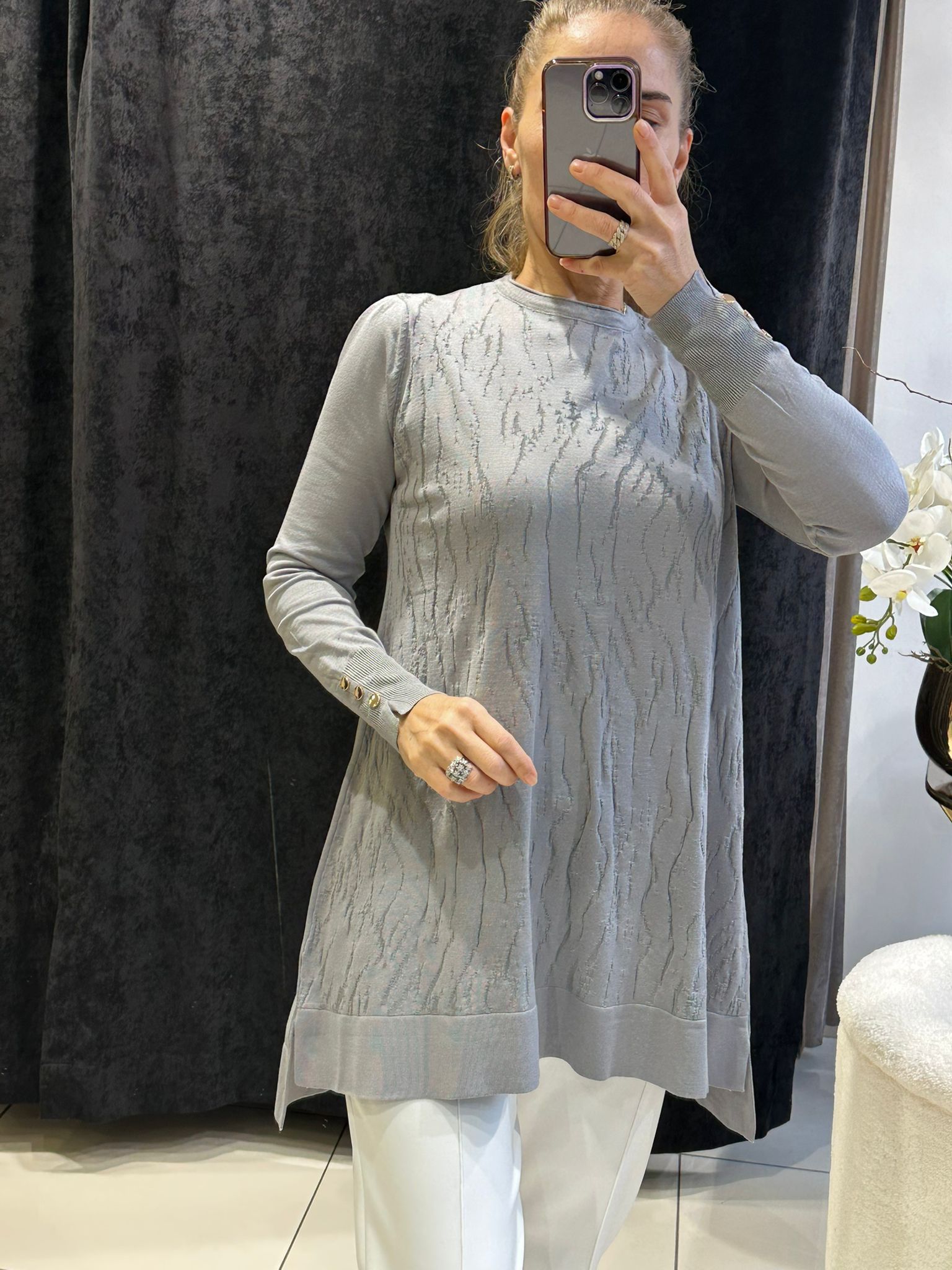 KENDİNDEN DESEN DETAYLI SOĞUK İP MESERİZE TRİKO