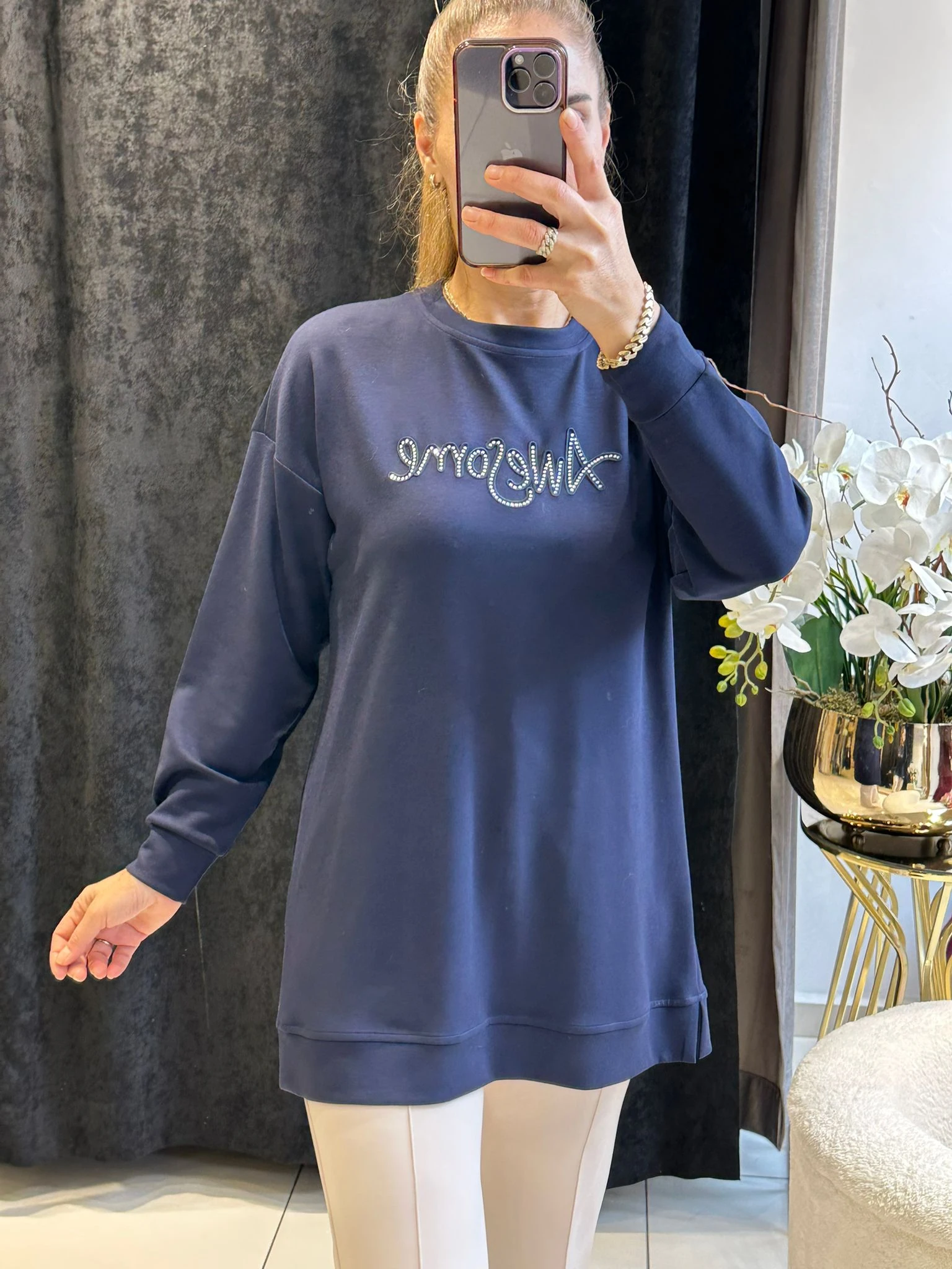 YAZI DETAY BEYZİK İKİ İPLİK PENYE TUNİK  - LACI