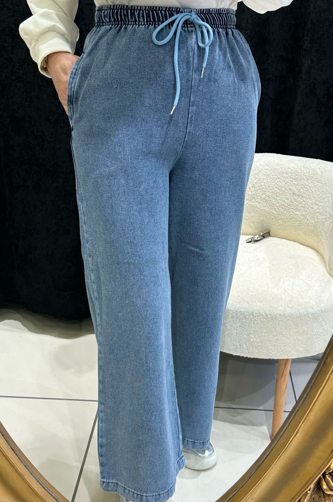 BELİ LASTİKLİ BOL PAÇA KOT PANTOLON 