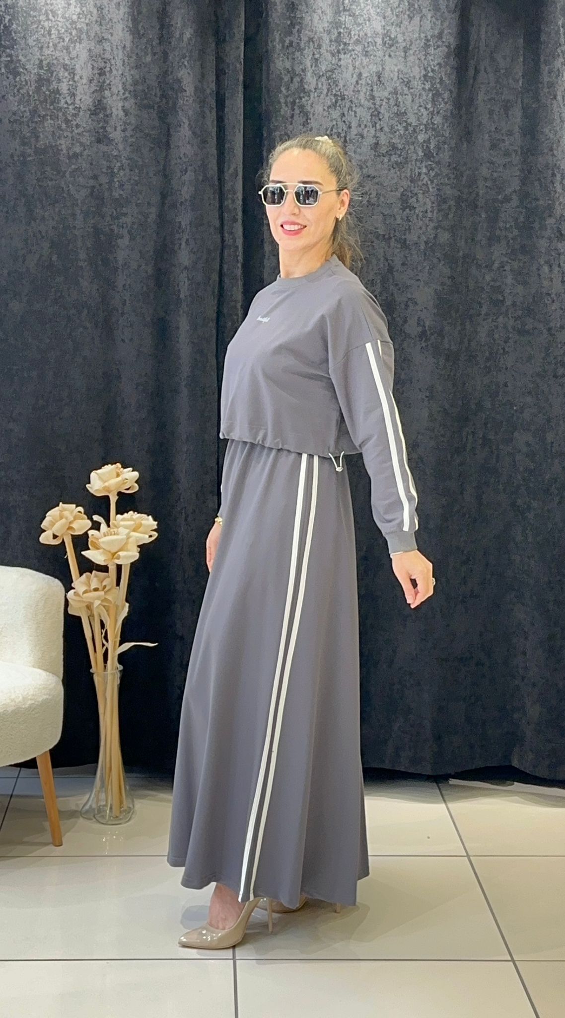 RİBANA DETAYLI İKİLİ ELBİSE İKİ İP PENYE KUMAŞ - GRİ