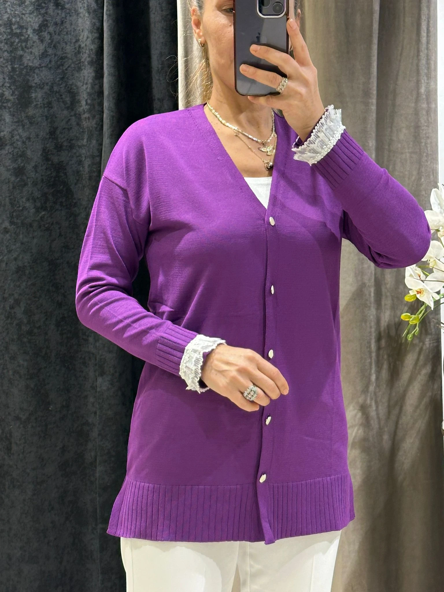 KOLLARI TÜLLÜ SOĞUK İP MESERİZE HIRKA - MÜRDÜM