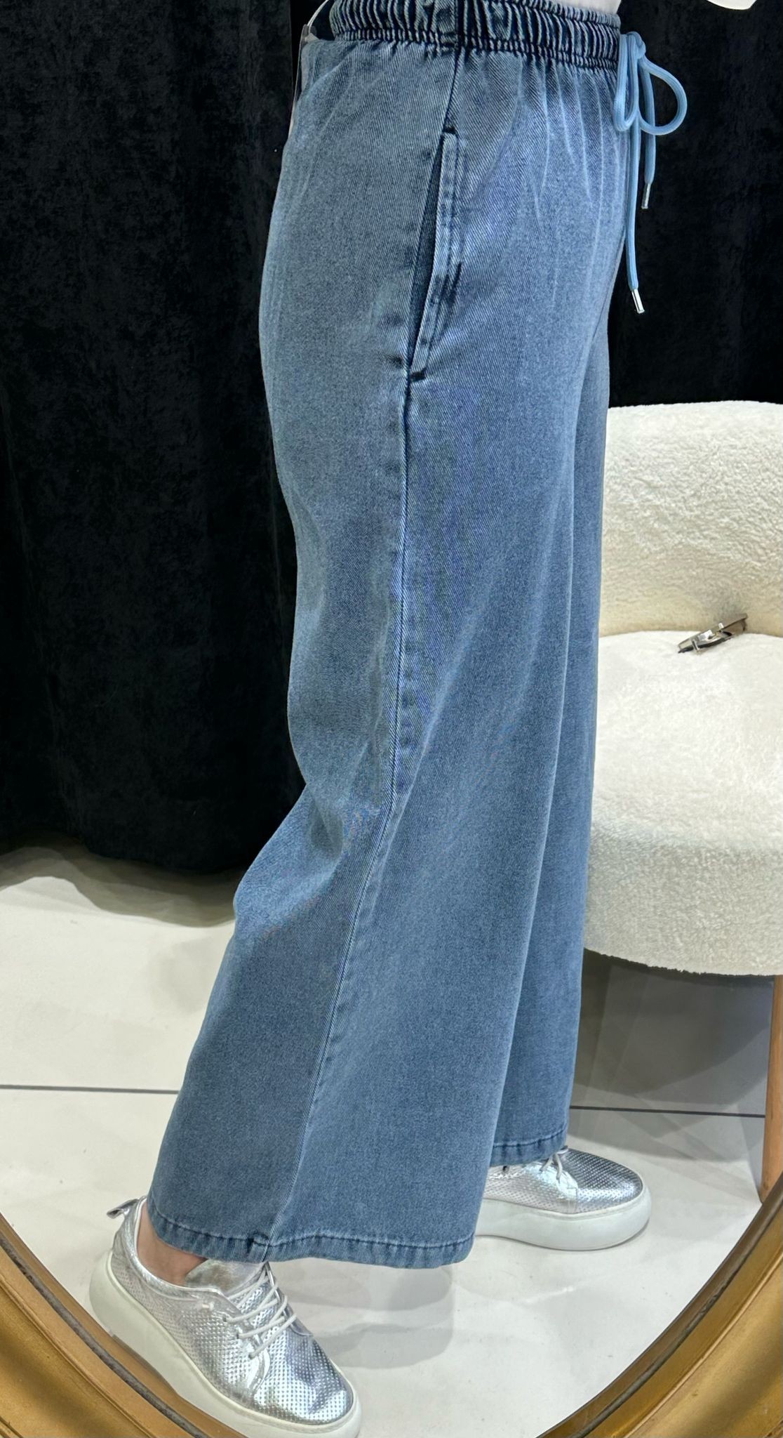 BELİ LASTİKLİ BOL PAÇA KOT PANTOLON 