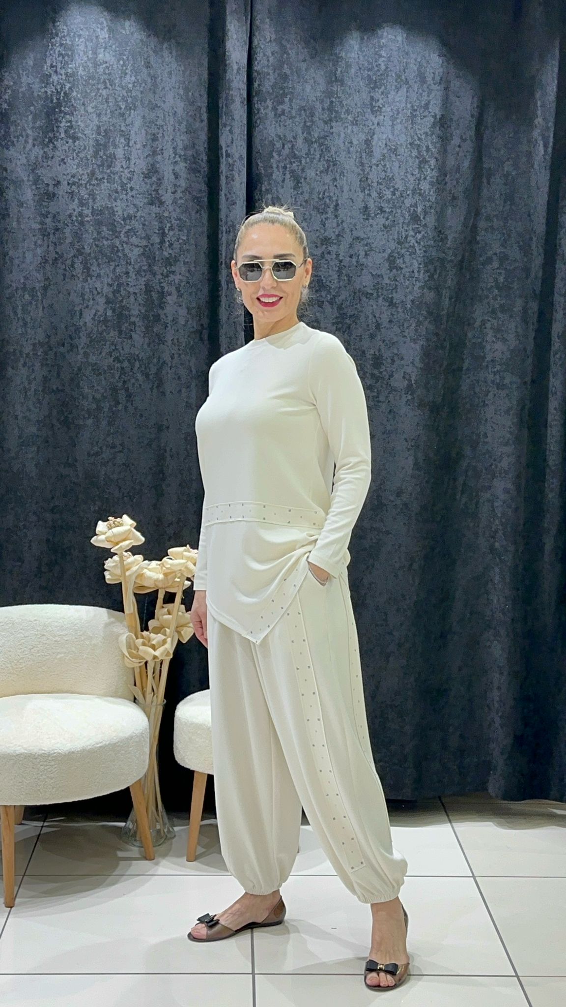 MODAL TAŞ DETAY ŞALVAR PANTOLONLU İKİLİ TAKIM 