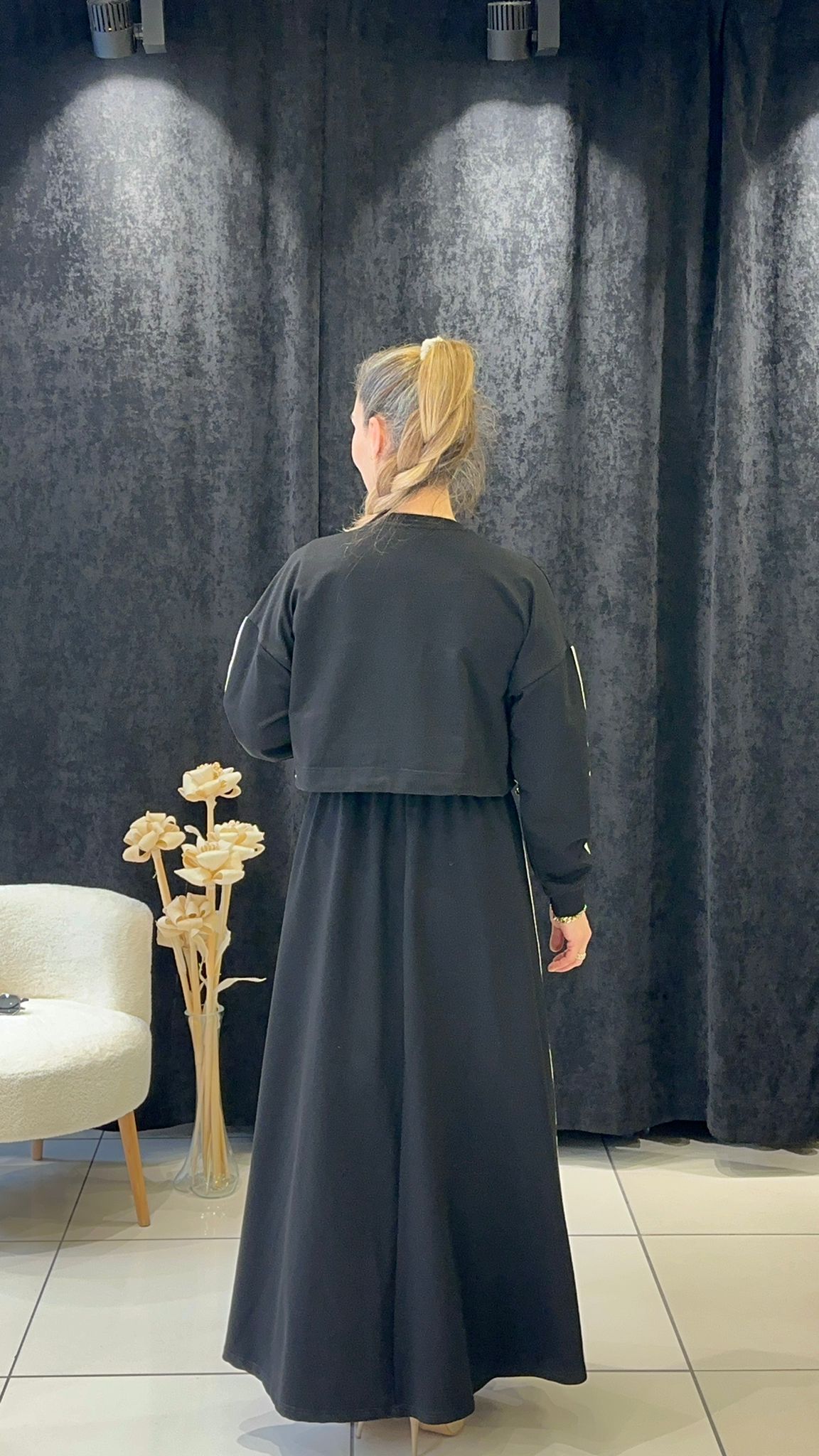 RİBANA DETAYLI İKİLİ ELBİSE İKİ İP PENYE KUMAŞ - SİYAH