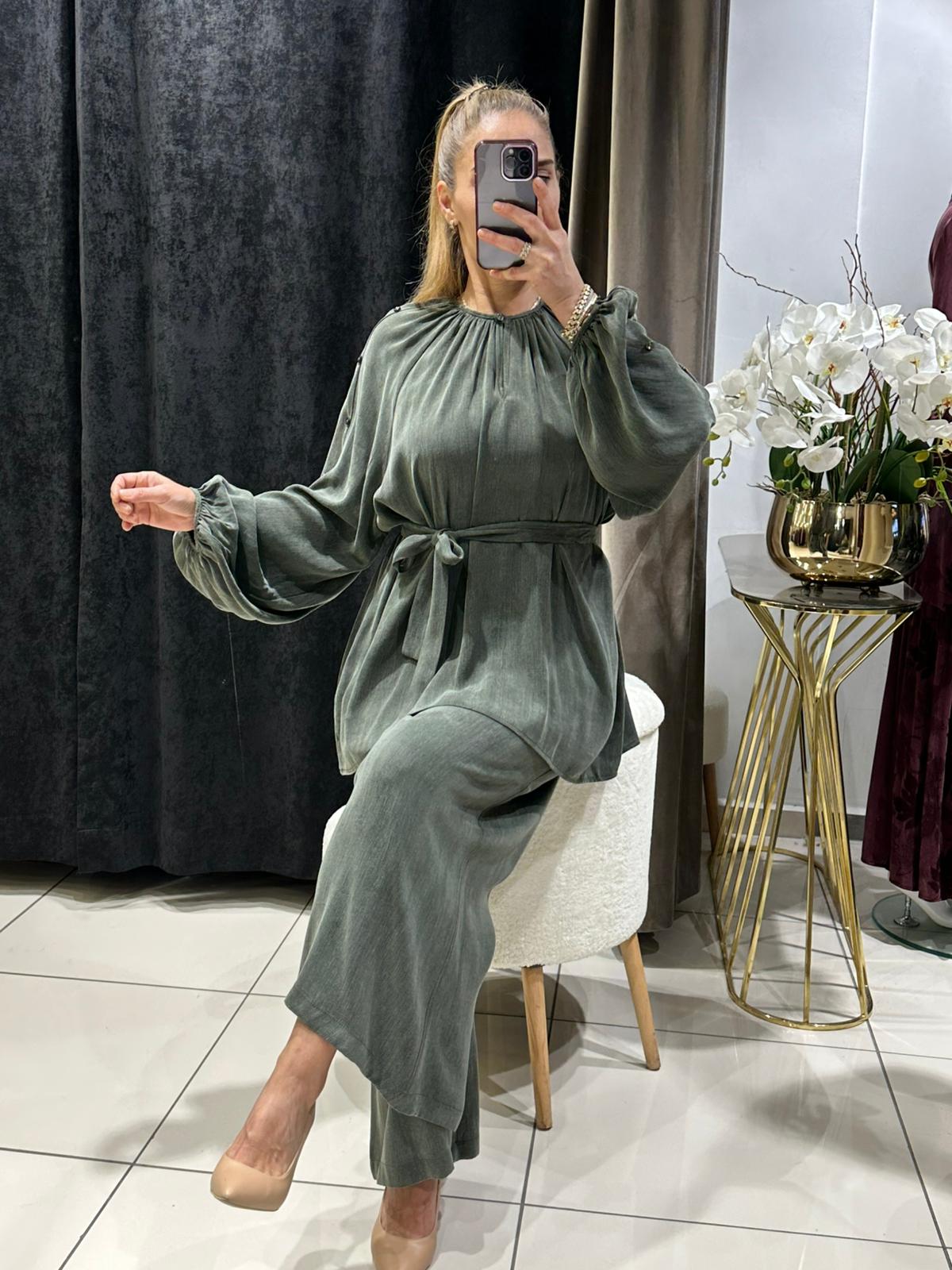 İPEK QUPRA DÜĞME DETAY BALONKOL İKİLİ TAKIM  - HAKİ